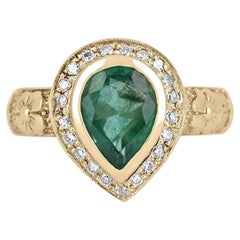 1.86tcw 14K Natural Emerald-Pear Cut & Diamond Halo Floral Design Gold Ring