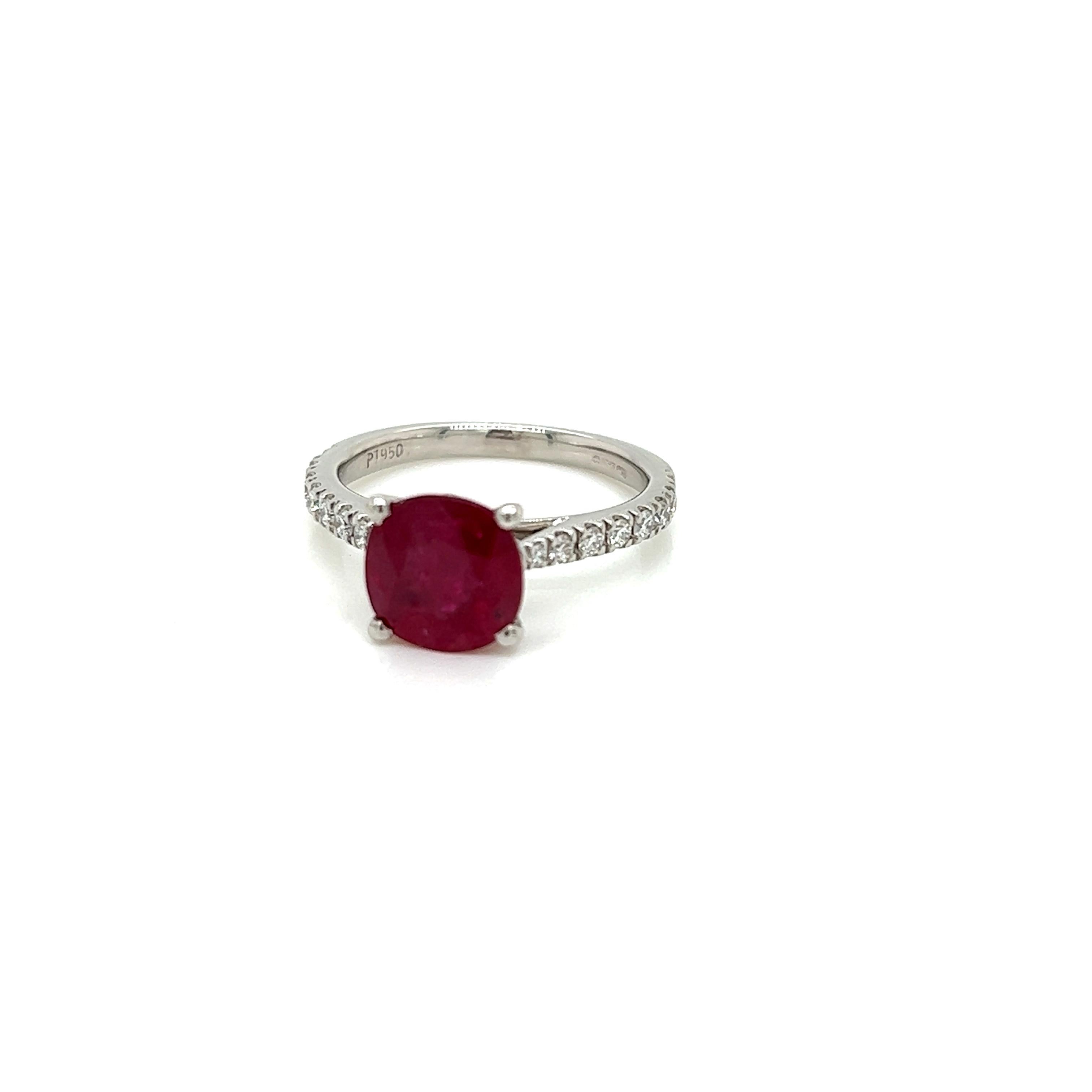 Women's 1.87 Carat Cushion Cut Ruby and Diamond Ring in Platinum For Sale