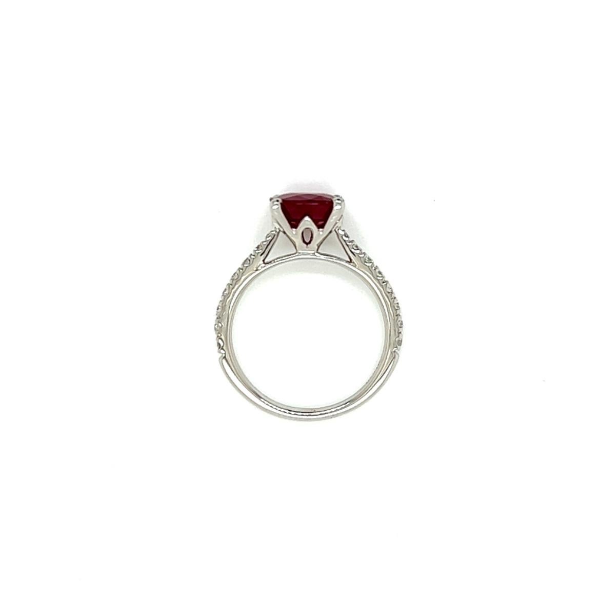 1.87 Carat Cushion Cut Ruby and Diamond Ring in Platinum For Sale 1