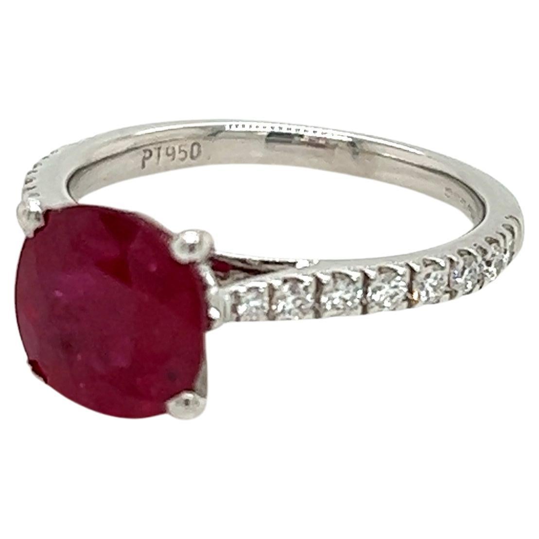 1.87 Carat Cushion Cut Ruby and Diamond Ring in Platinum For Sale