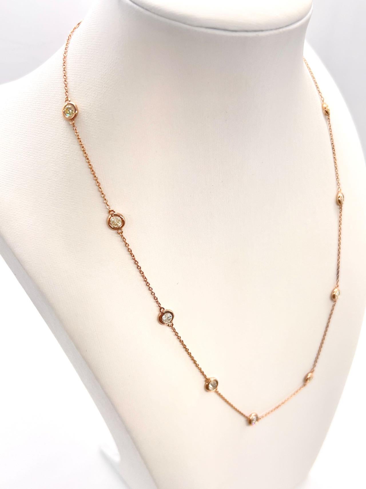 Rose Cut 1.87 Carat Natural Diamond By The Yard 10 Station Necklace 14K Rose Gold 18