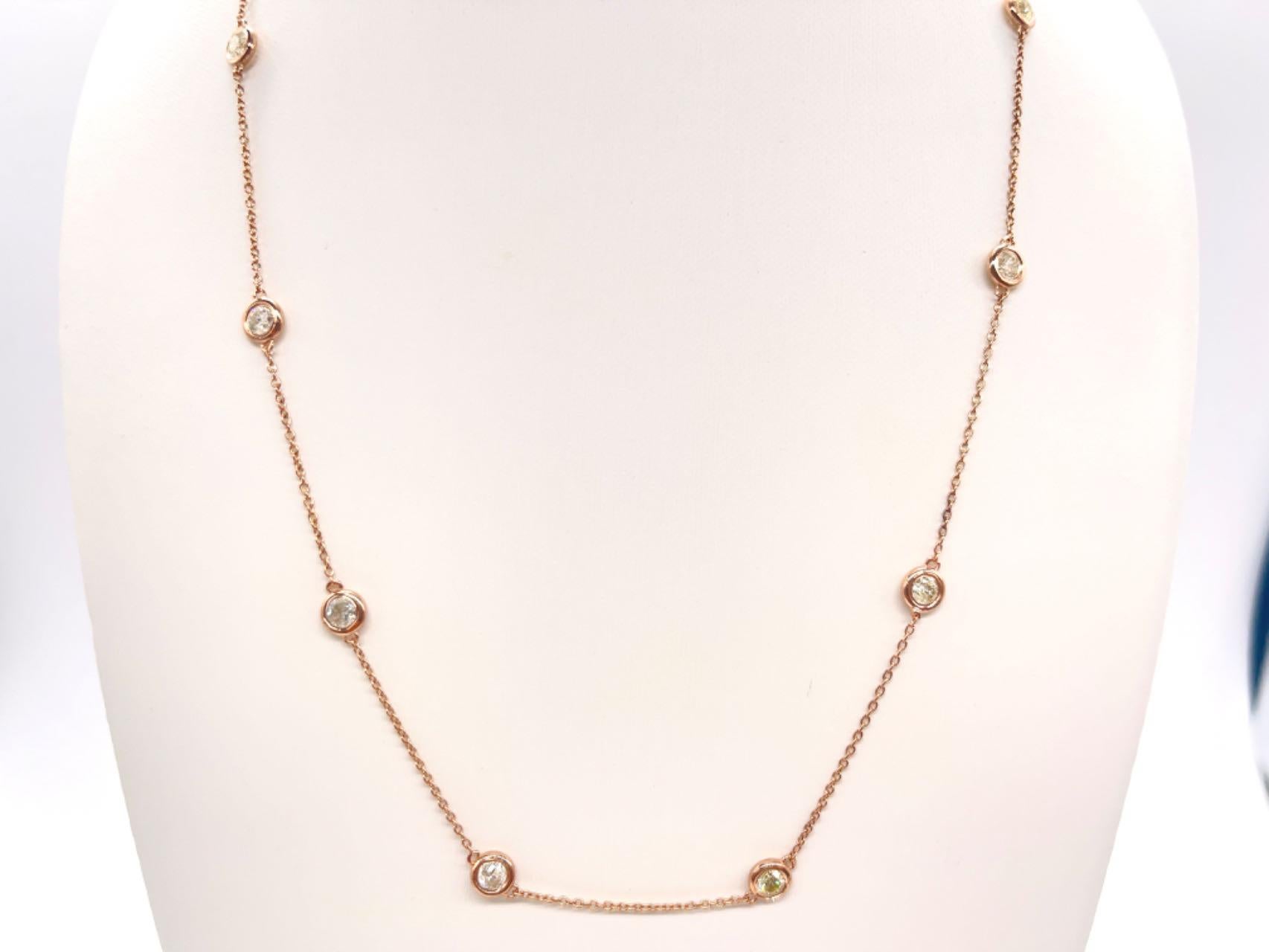 Women's or Men's 1.87 Carat Natural Diamond By The Yard 10 Station Necklace 14K Rose Gold 18