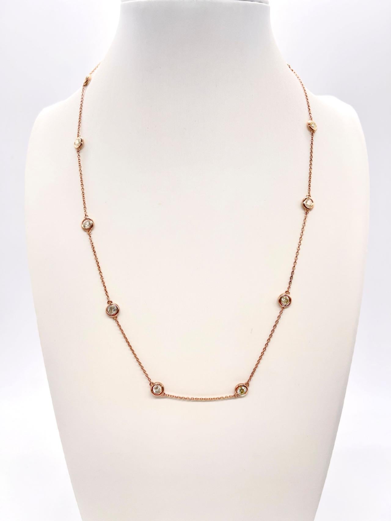 1.87 Carat Natural Diamond By The Yard 10 Station Necklace 14K Rose Gold 18