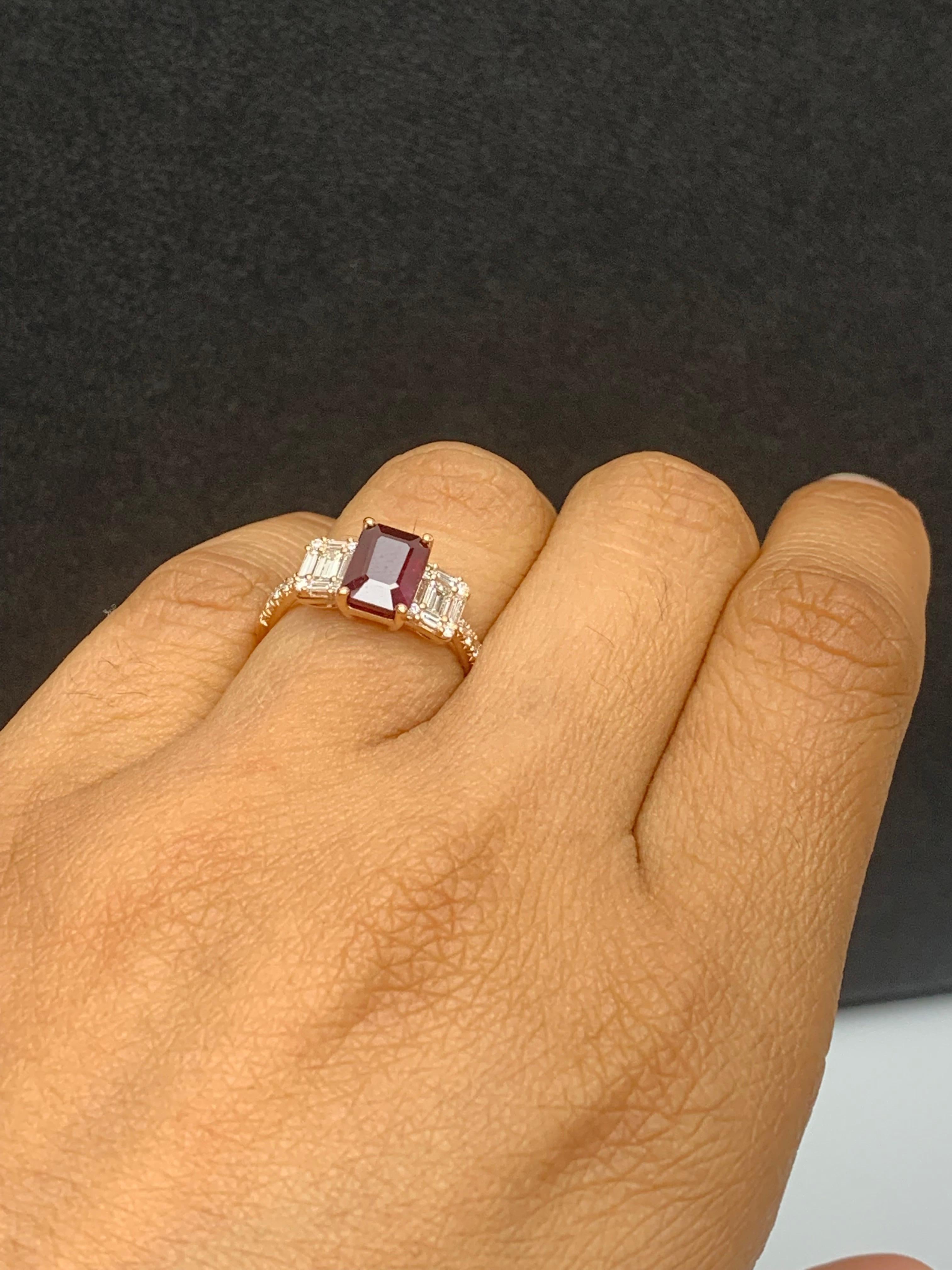 1.87 Carat Emerald Cut Ruby and Diamond Ring in 18k Rose Gold For Sale 4