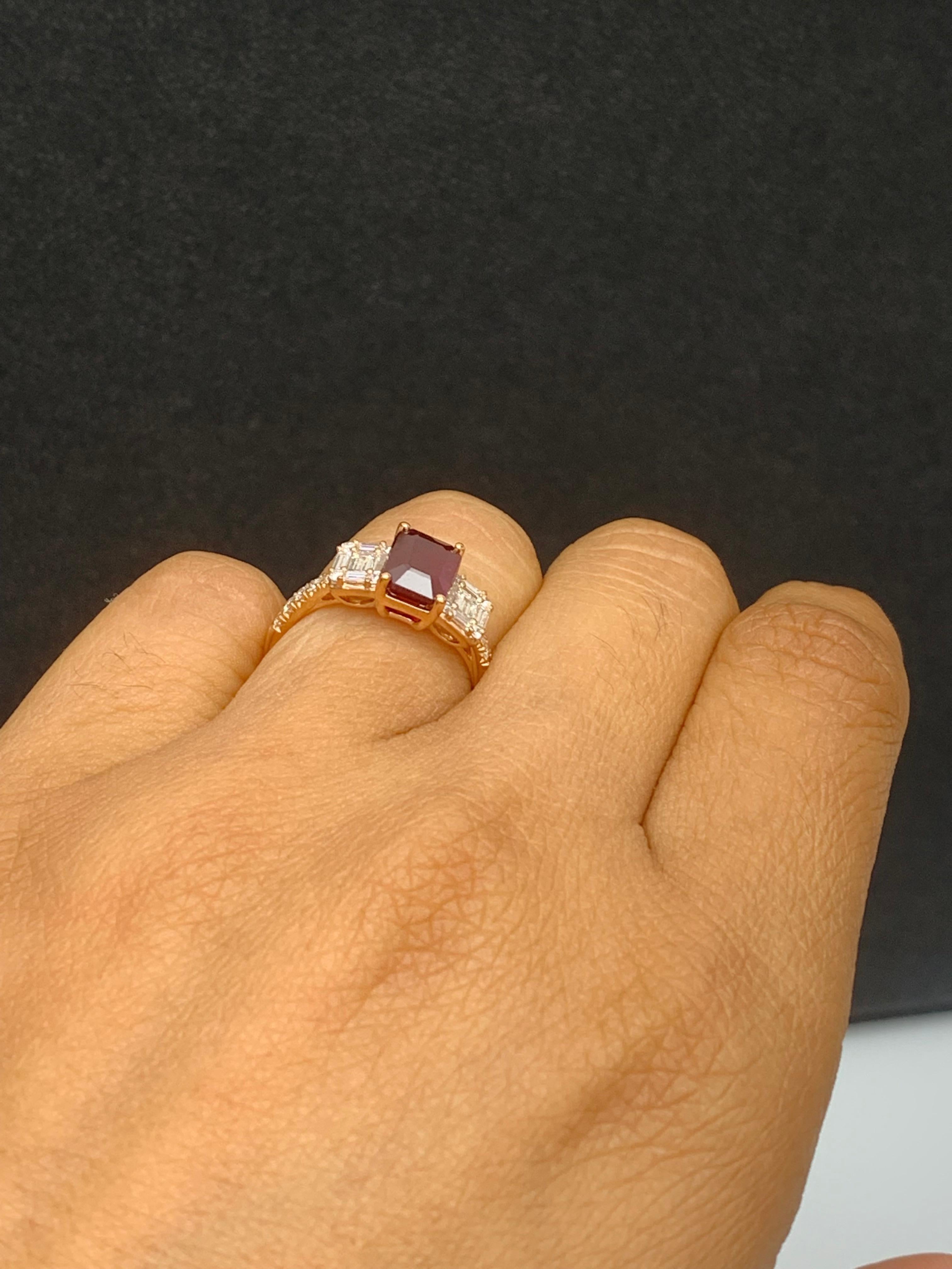 1.87 Carat Emerald Cut Ruby and Diamond Ring in 18k Rose Gold For Sale 5