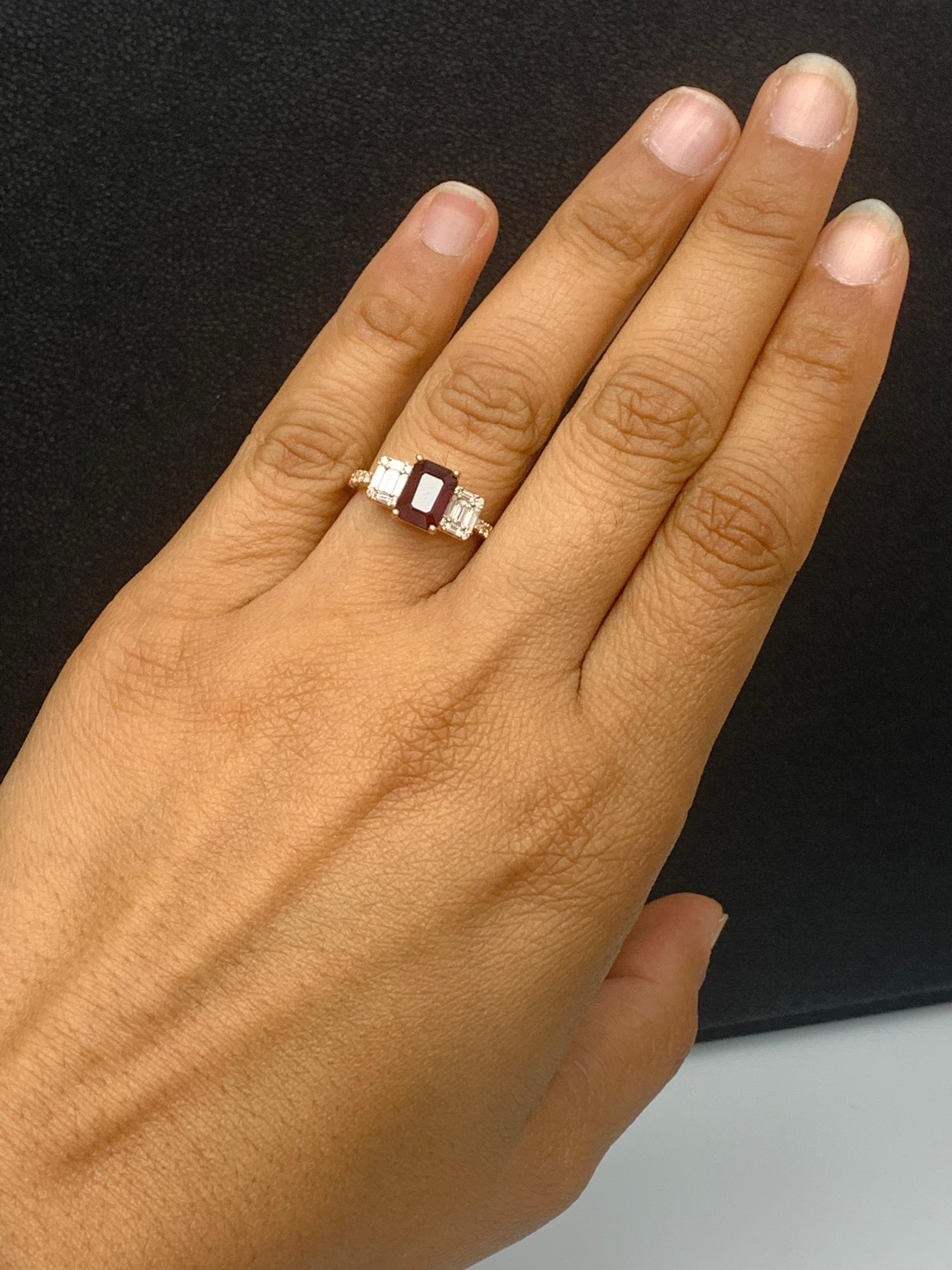 1.87 Carat Emerald Cut Ruby and Diamond Ring in 18k Rose Gold For Sale 6