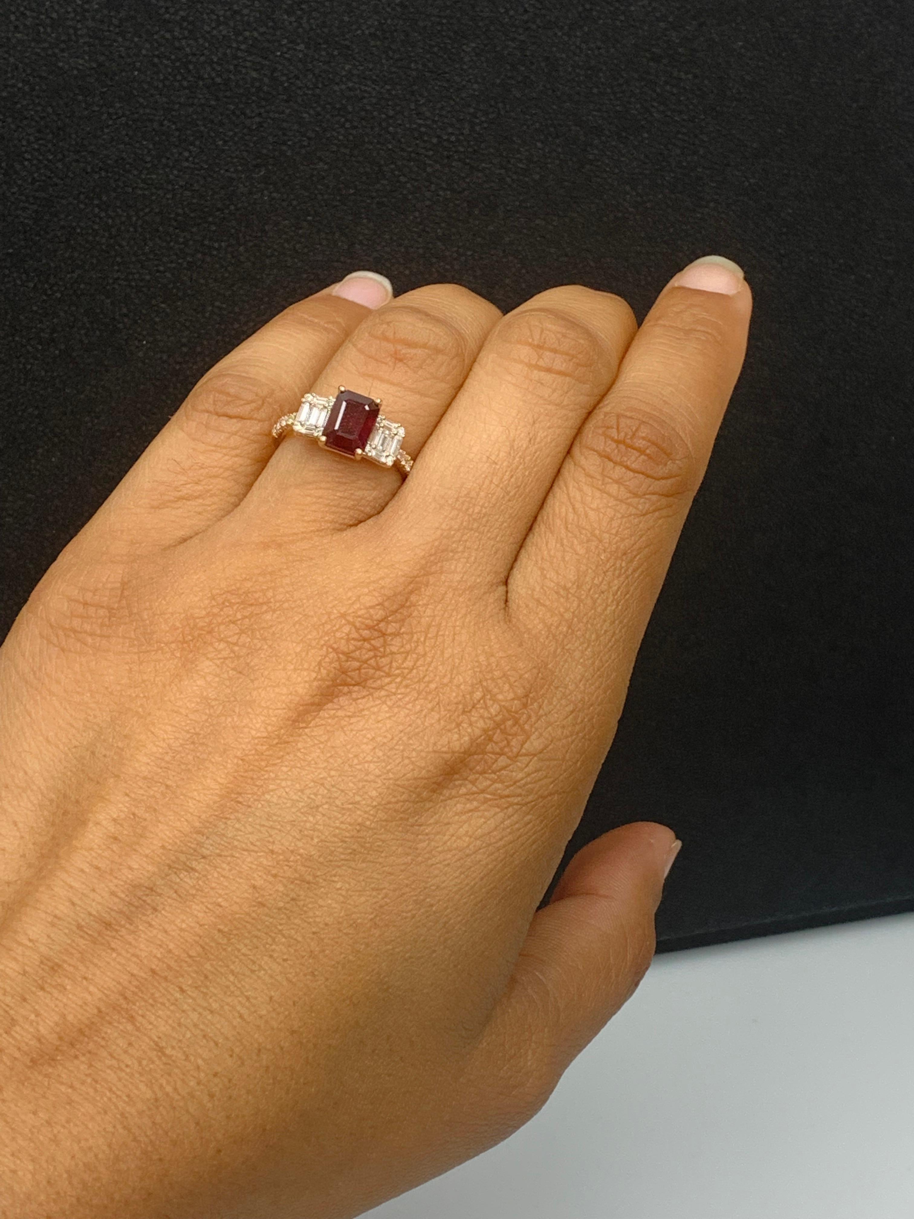 1.87 Carat Emerald Cut Ruby and Diamond Ring in 18k Rose Gold For Sale 7