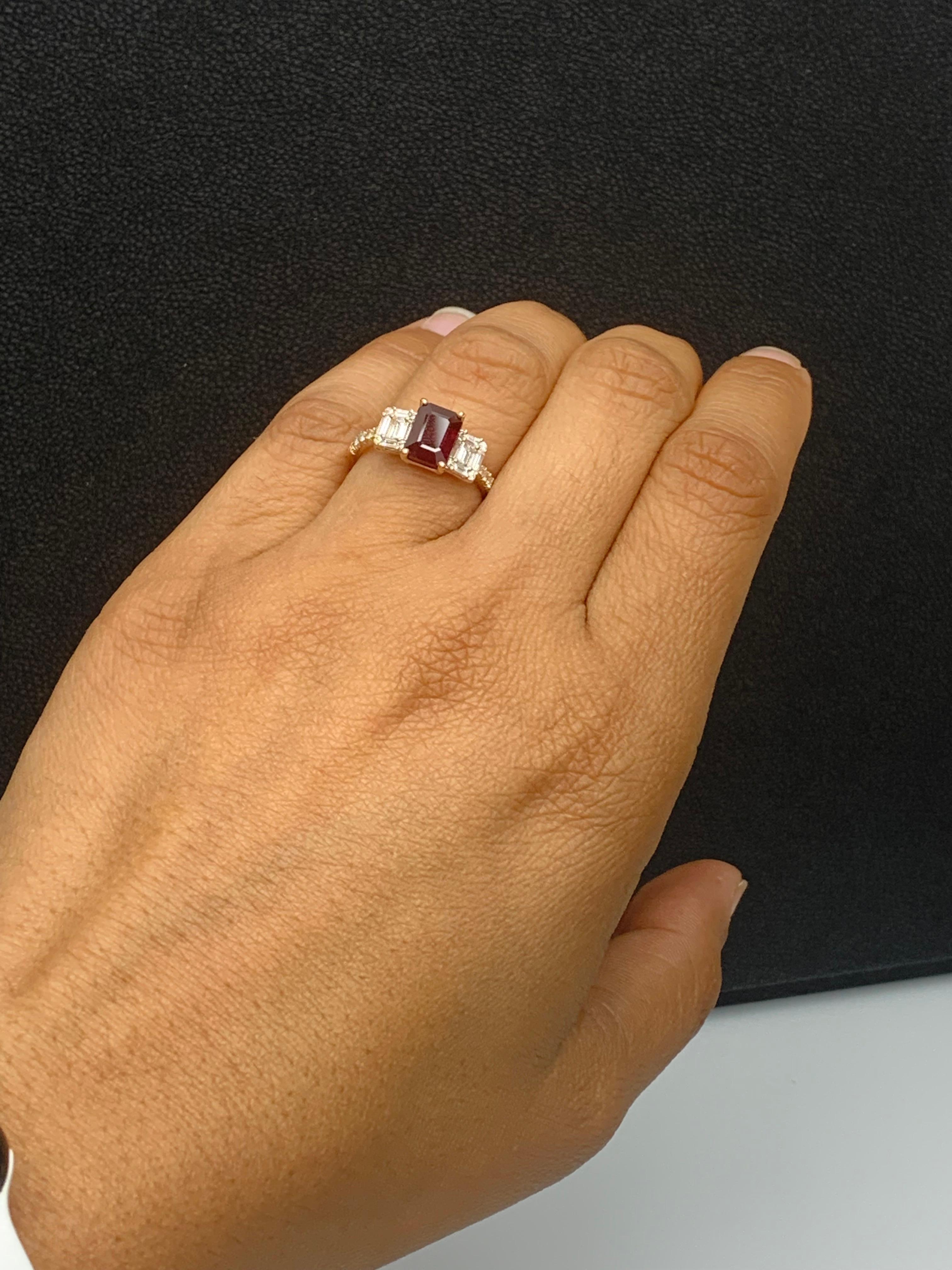 1.87 Carat Emerald Cut Ruby and Diamond Ring in 18k Rose Gold For Sale 8