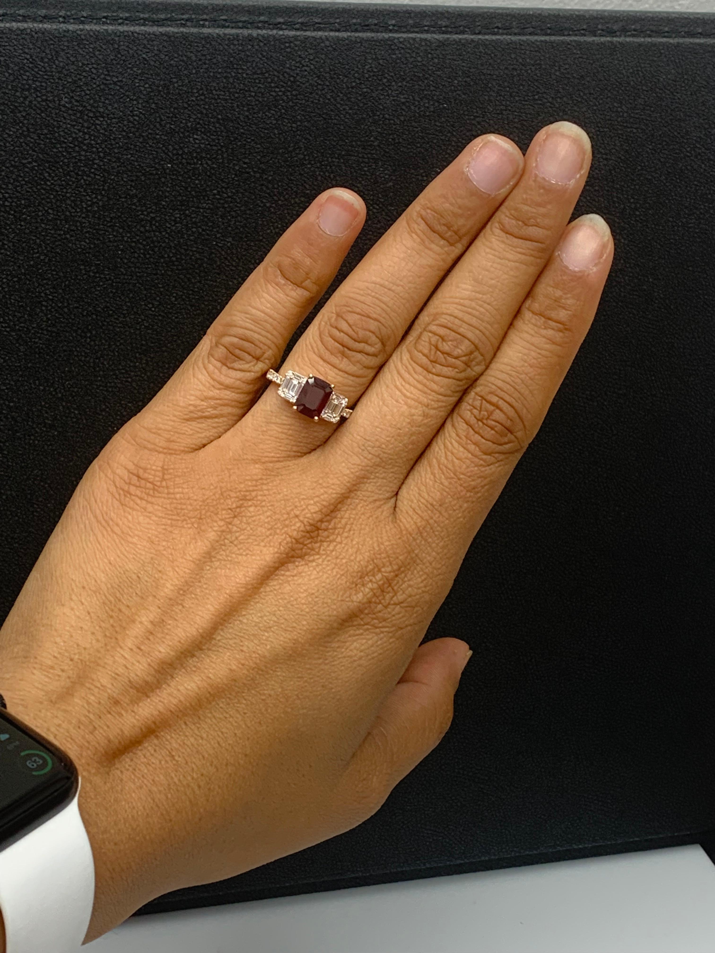 1.87 Carat Emerald Cut Ruby and Diamond Ring in 18k Rose Gold For Sale 10