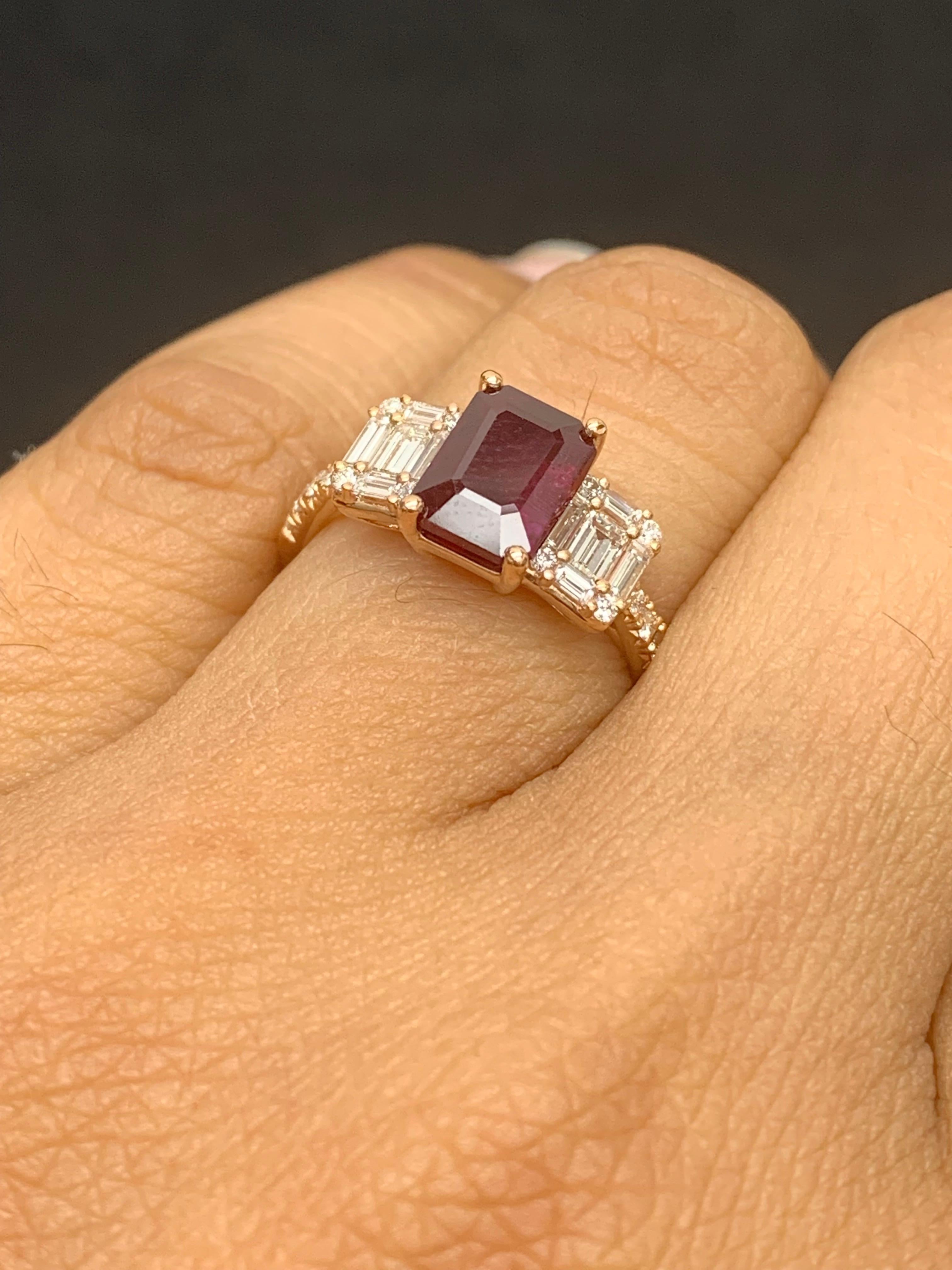 Modern 1.87 Carat Emerald Cut Ruby and Diamond Ring in 18k Rose Gold For Sale