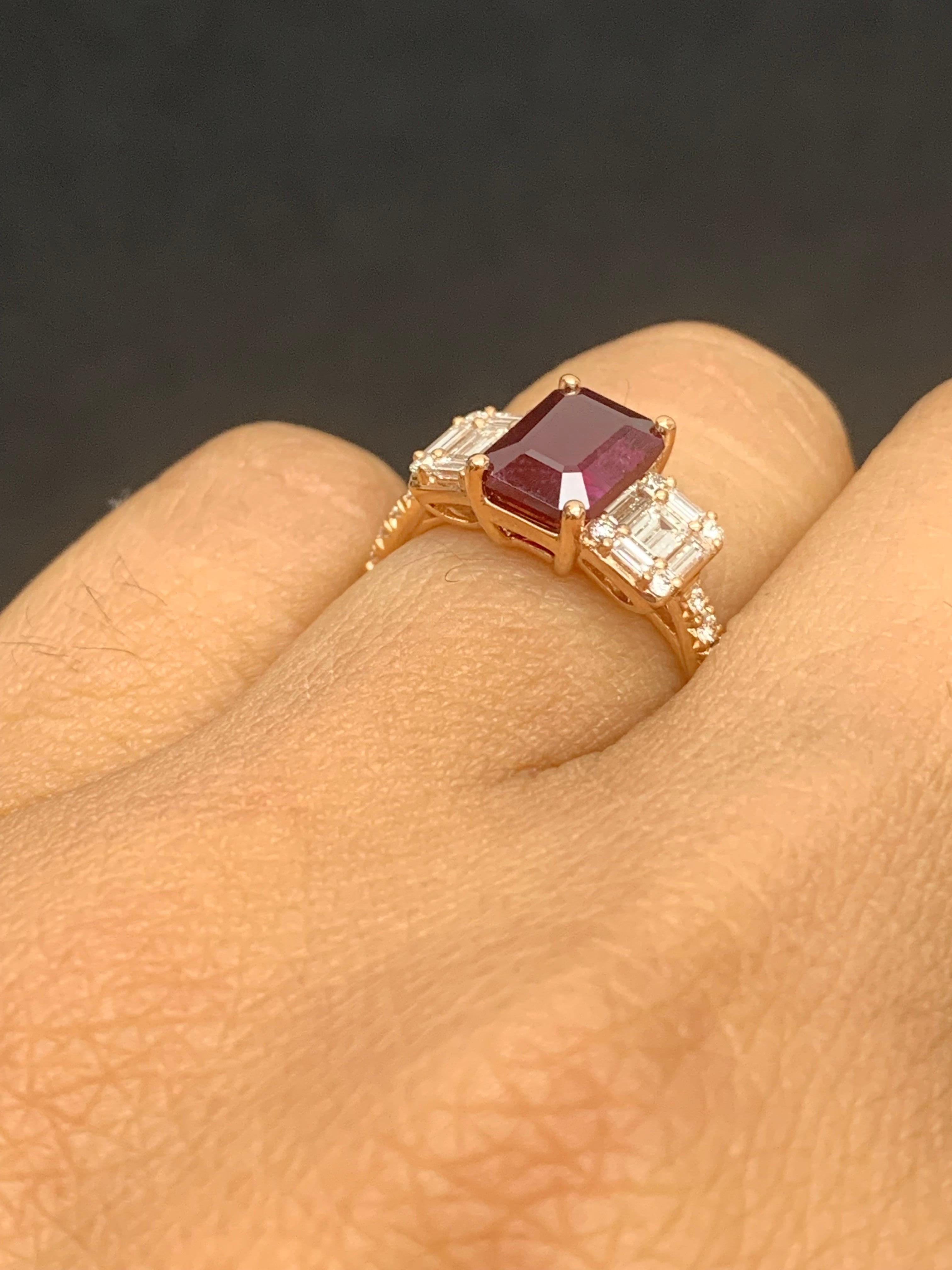 1.87 Carat Emerald Cut Ruby and Diamond Ring in 18k Rose Gold In New Condition For Sale In NEW YORK, NY