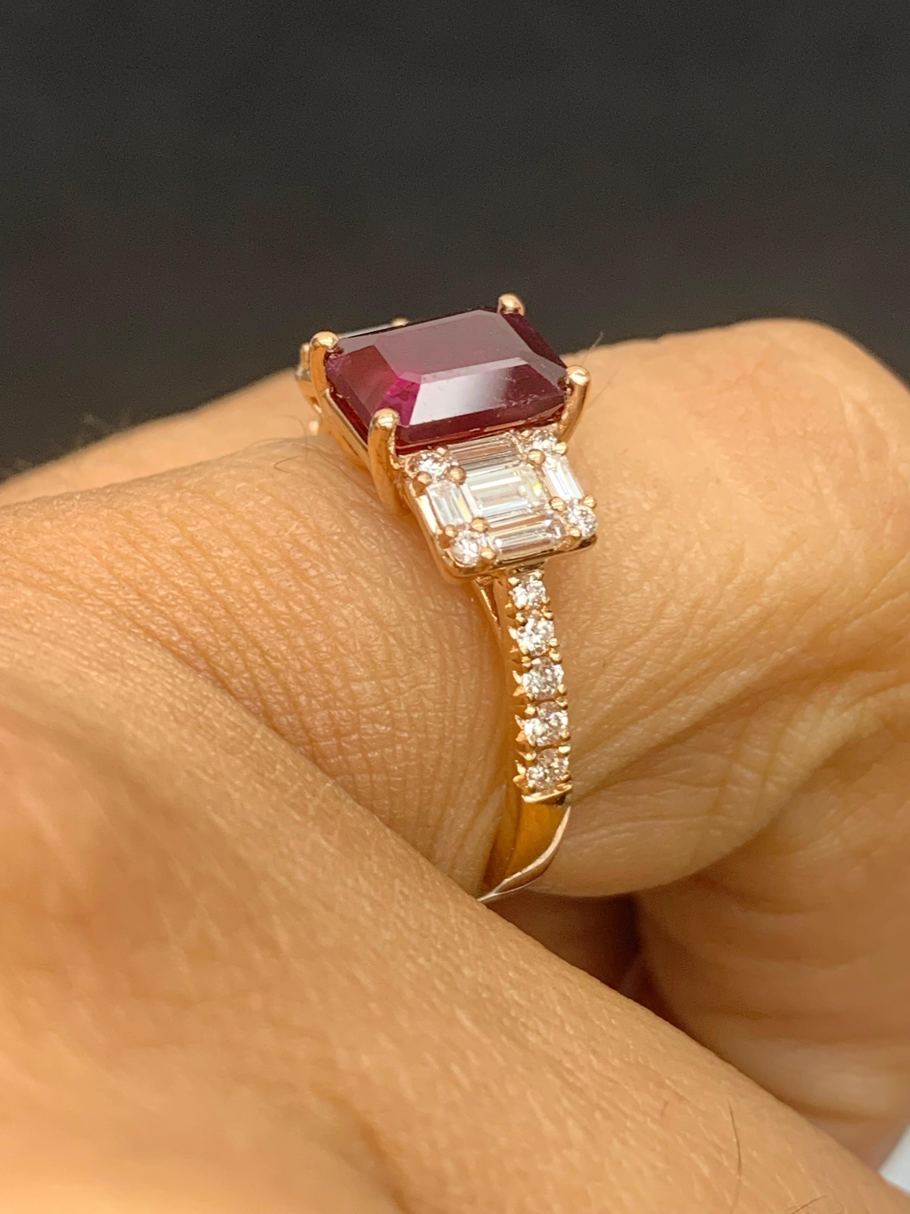 Women's 1.87 Carat Emerald Cut Ruby and Diamond Ring in 18k Rose Gold For Sale