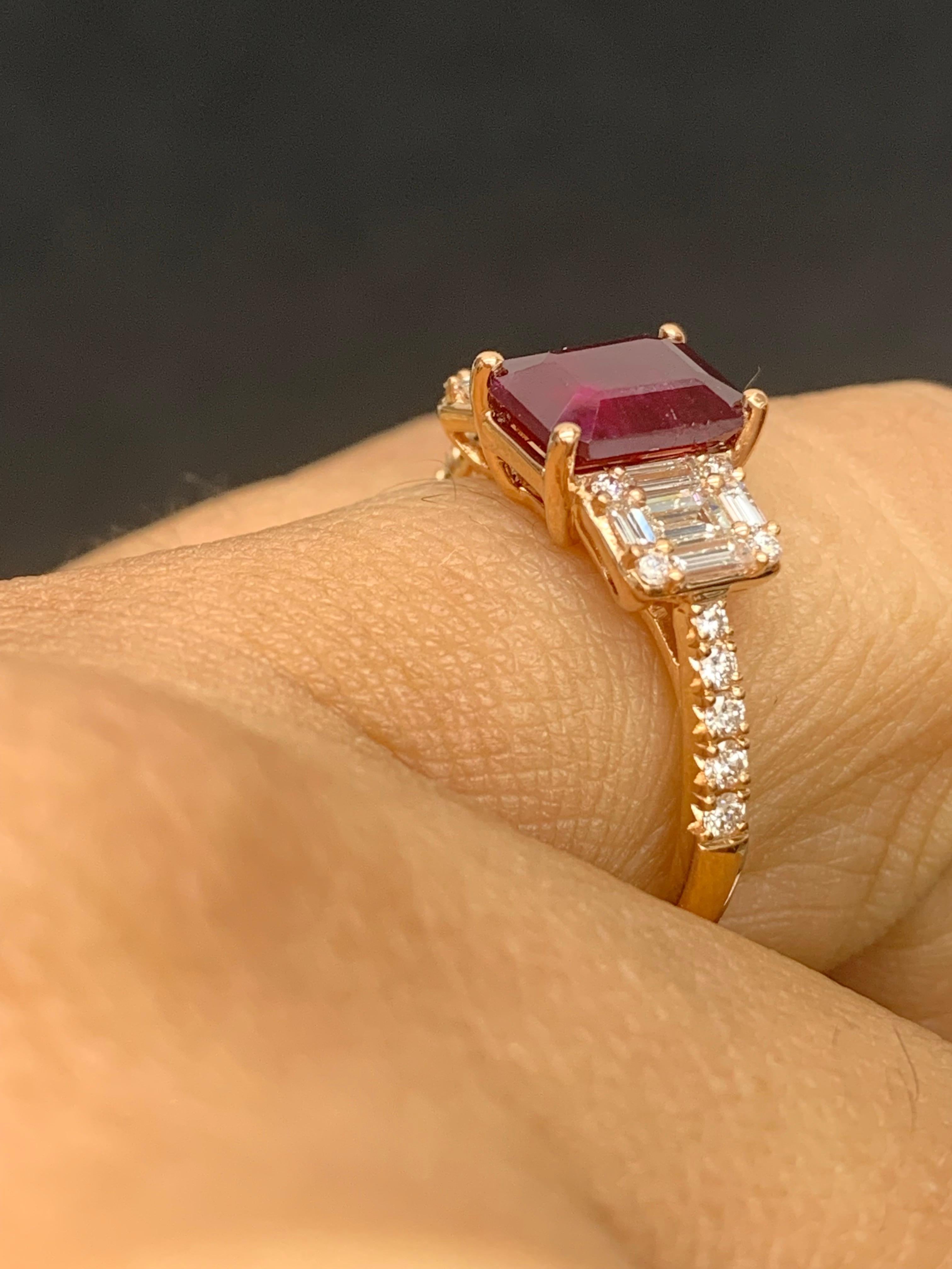 1.87 Carat Emerald Cut Ruby and Diamond Ring in 18k Rose Gold For Sale 1