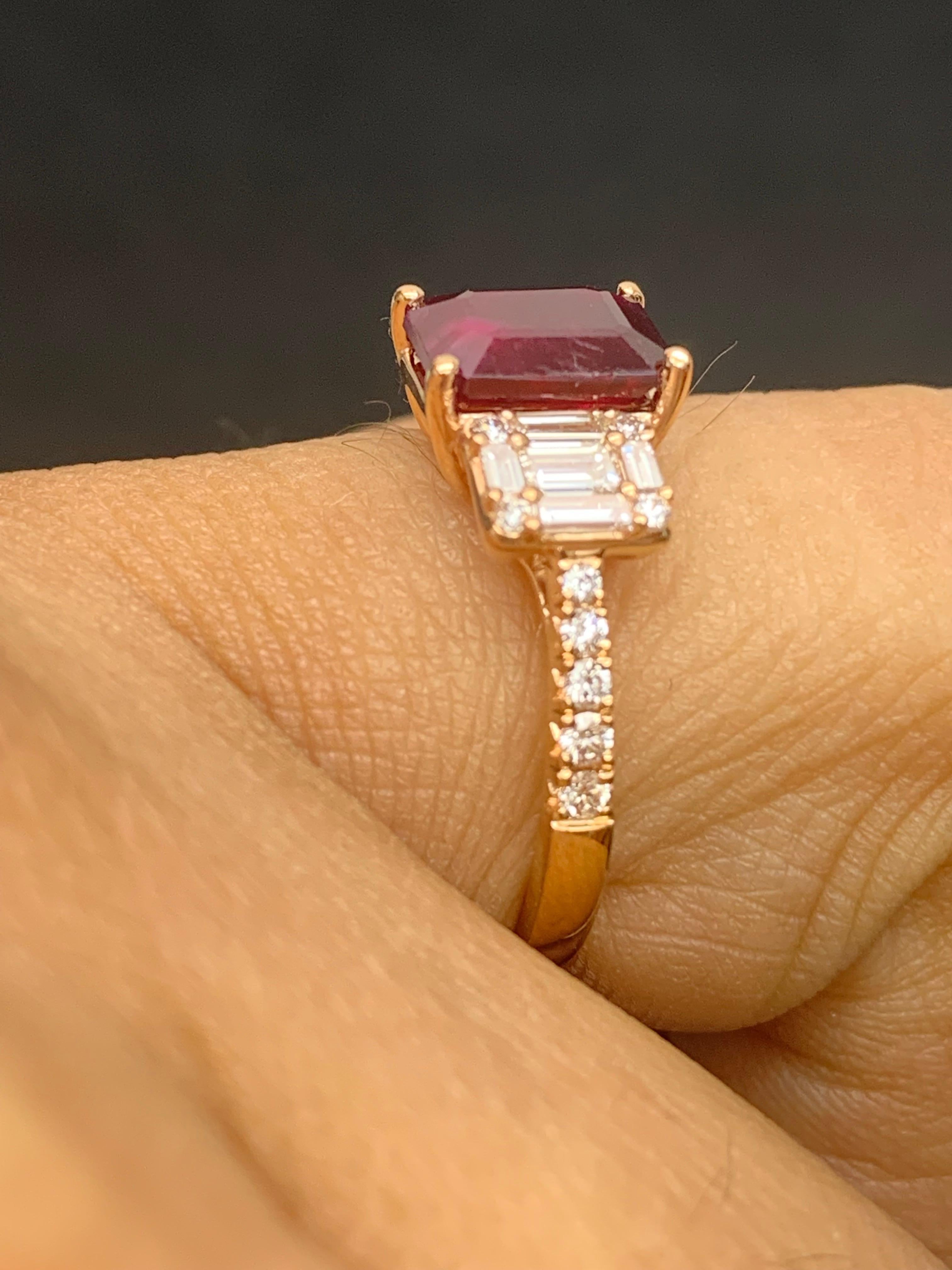 1.87 Carat Emerald Cut Ruby and Diamond Ring in 18k Rose Gold For Sale 2