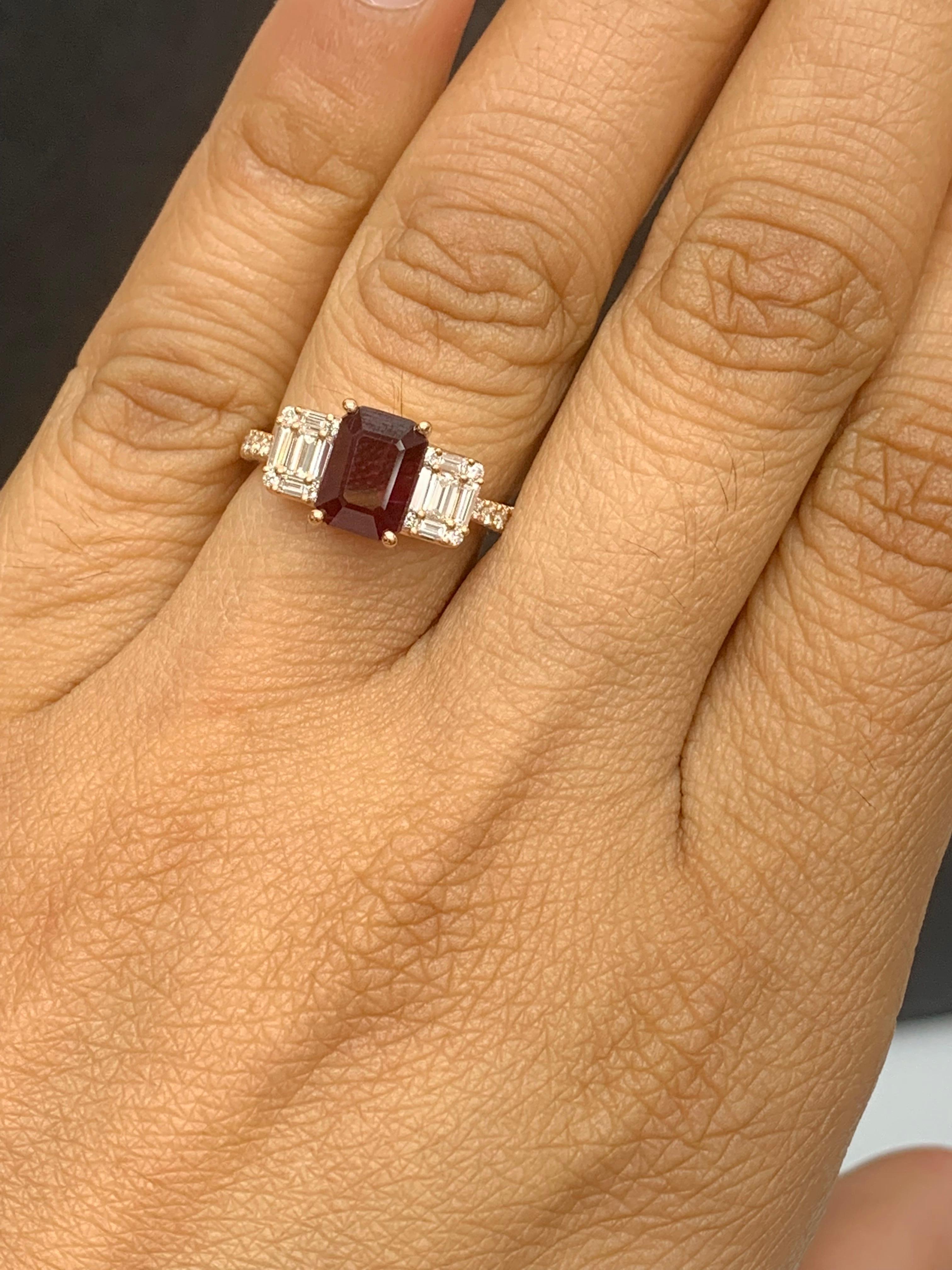 1.87 Carat Emerald Cut Ruby and Diamond Ring in 18k Rose Gold For Sale 3