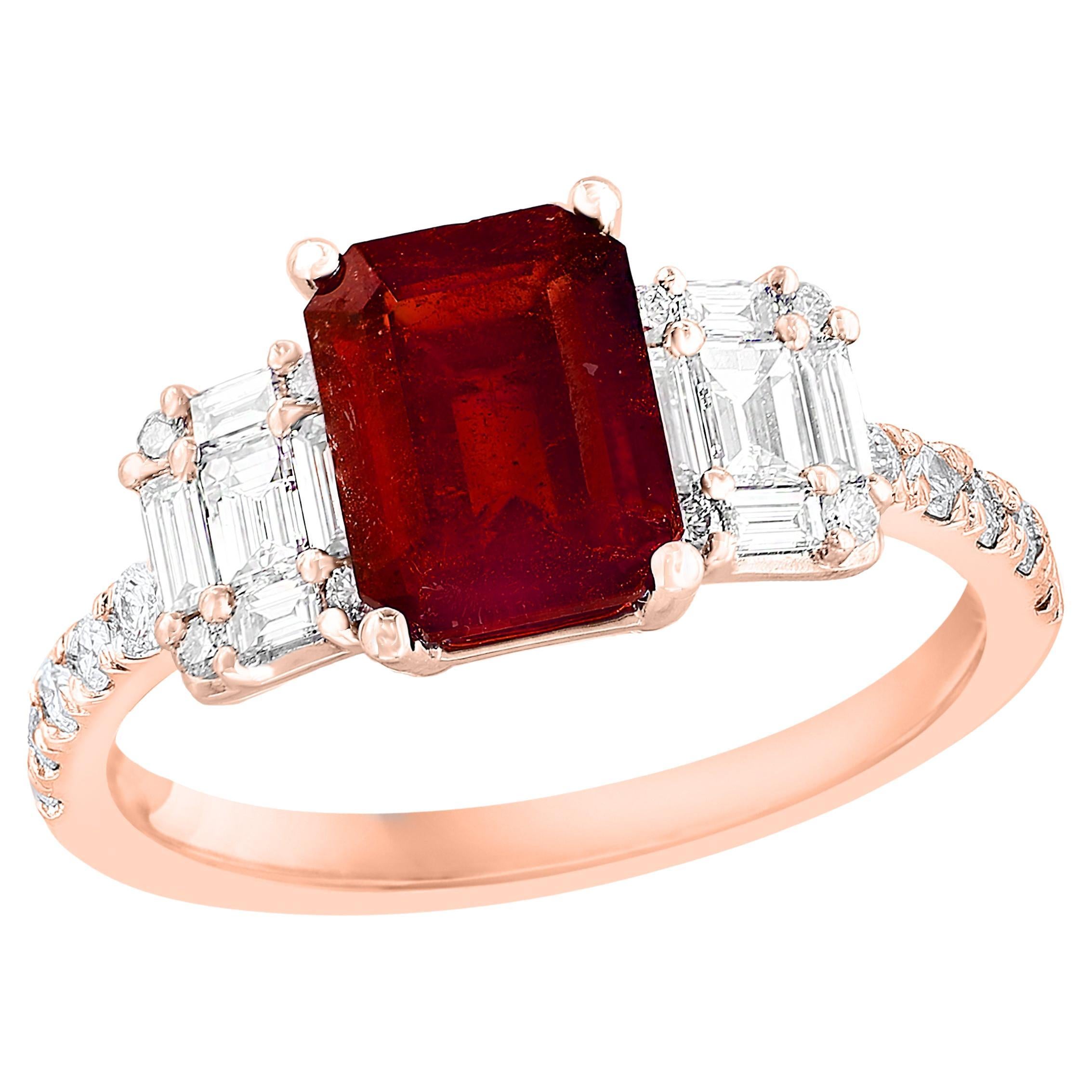 1.87 Carat Emerald Cut Ruby and Diamond Ring in 18k Rose Gold For Sale