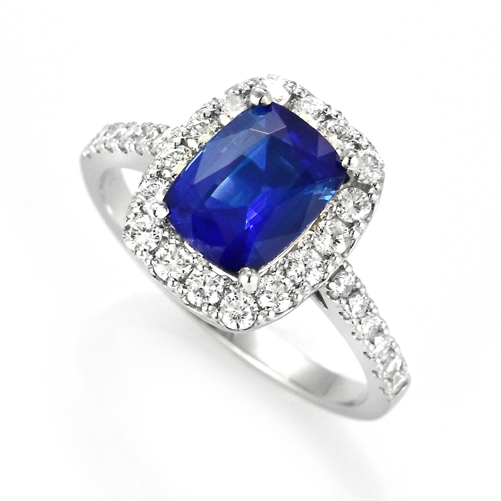 A beautiful ring featuring a 1.87 Carat Natural Sapphire and 0.56 Carats Diamond Accents set in Platinum Sapphires have extraordinary durability - they excel in hardness as well as toughness and durability making them very popular in jewelry.