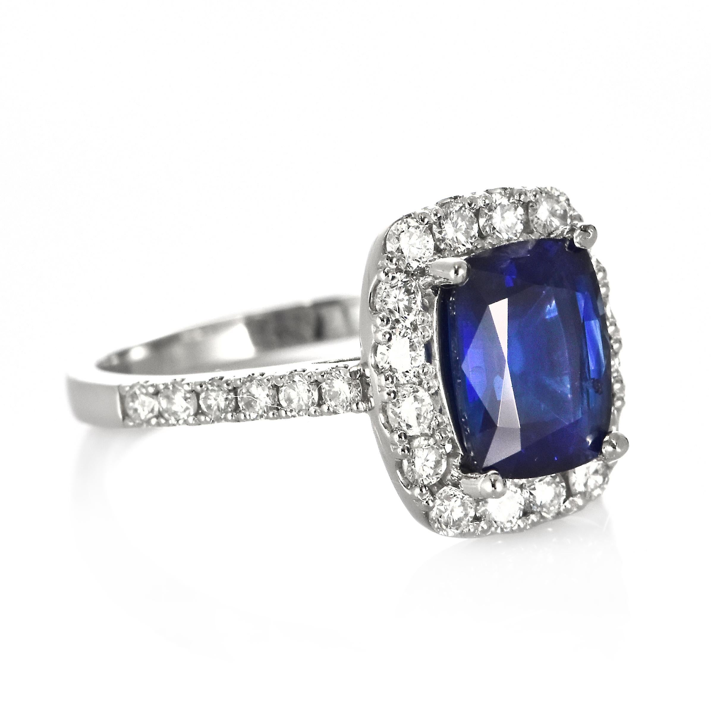 Cushion Cut 1.87 Carat Natural Royal Blue Sapphire and Diamond Ring Made in Platinum For Sale