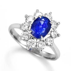 1.87 Carat Natural Velvet Blue Sapphire & Diamond Halo Set Ring Made in Platinum