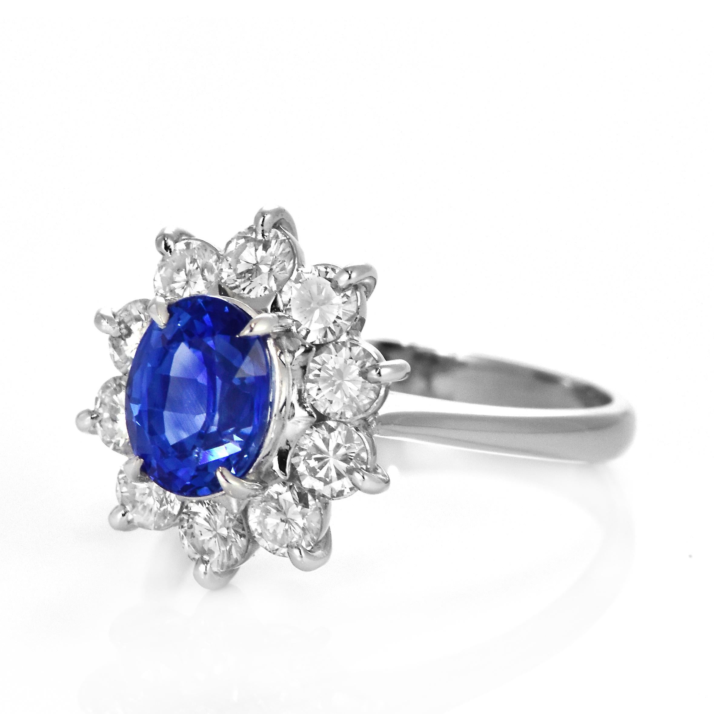 Modern 1.87 Carat Natural Velvet Blue Sapphire & Diamond Halo Set Ring Made in Platinum For Sale