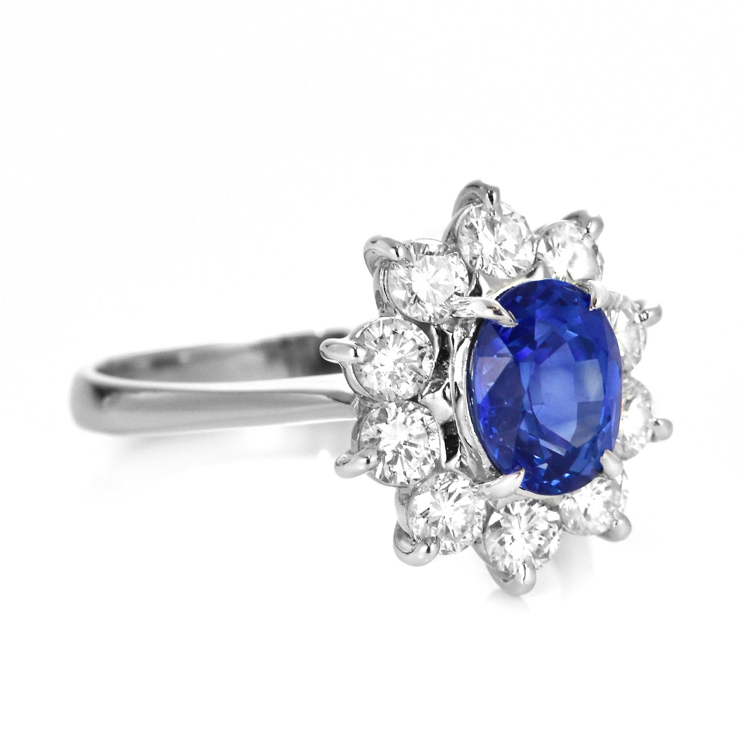 Oval Cut 1.87 Carat Natural Velvet Blue Sapphire & Diamond Halo Set Ring Made in Platinum For Sale