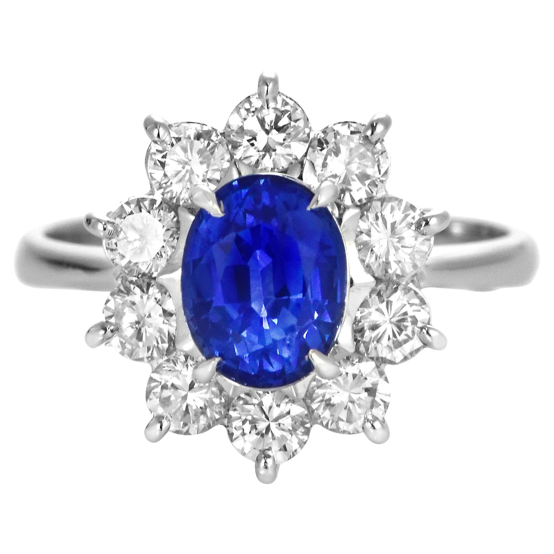 1.87 Carat Natural Velvet Blue Sapphire & Diamond Halo Set Ring Made in Platinum