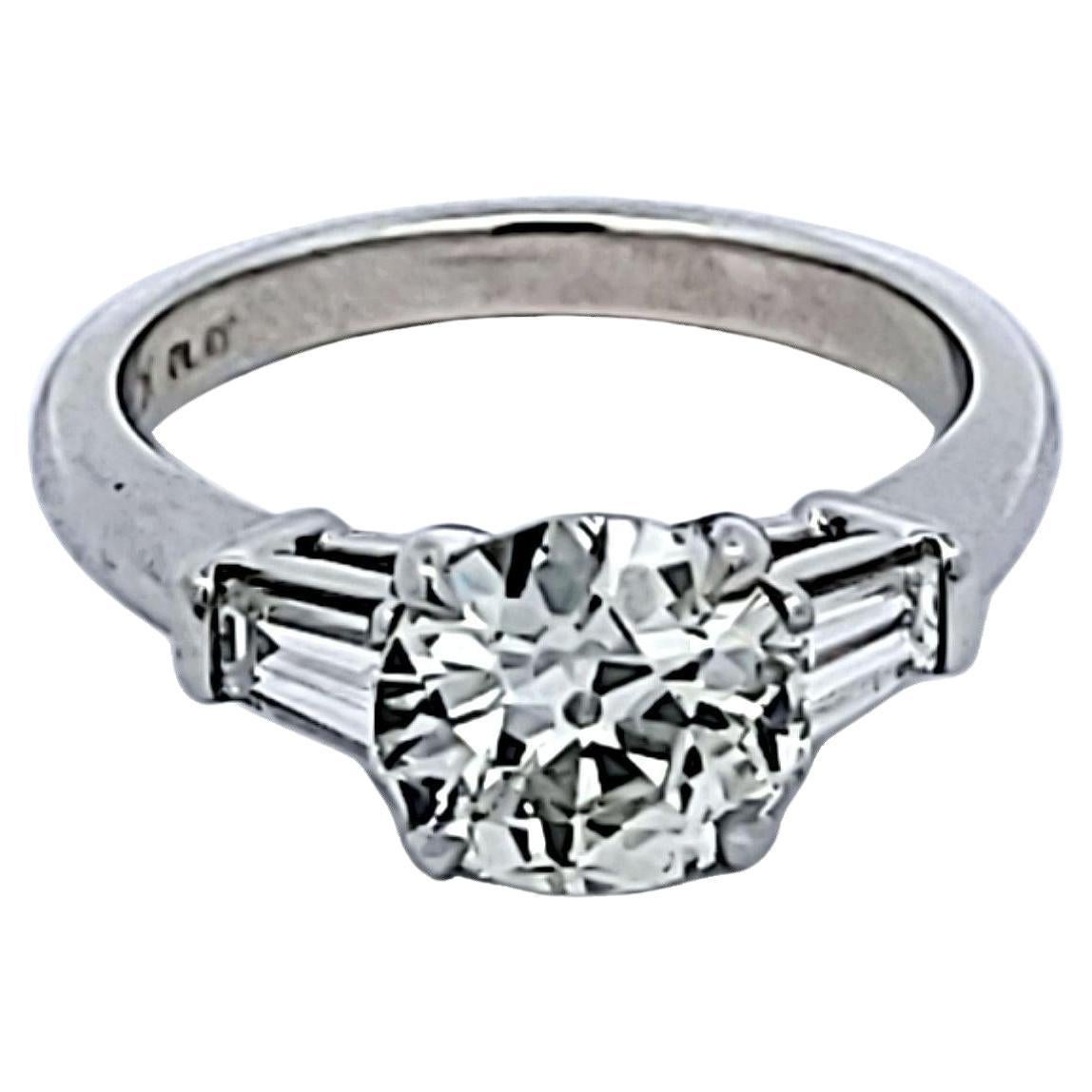 1.87 Carat Old European and Tapered Baguette Diamond Platinum Engagement Ring