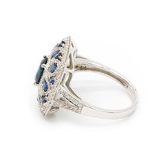 1.87 Carat Oval Blue Sapphire 0.43 Ct Diamond 18K White Gold Fine Cocktail Ring