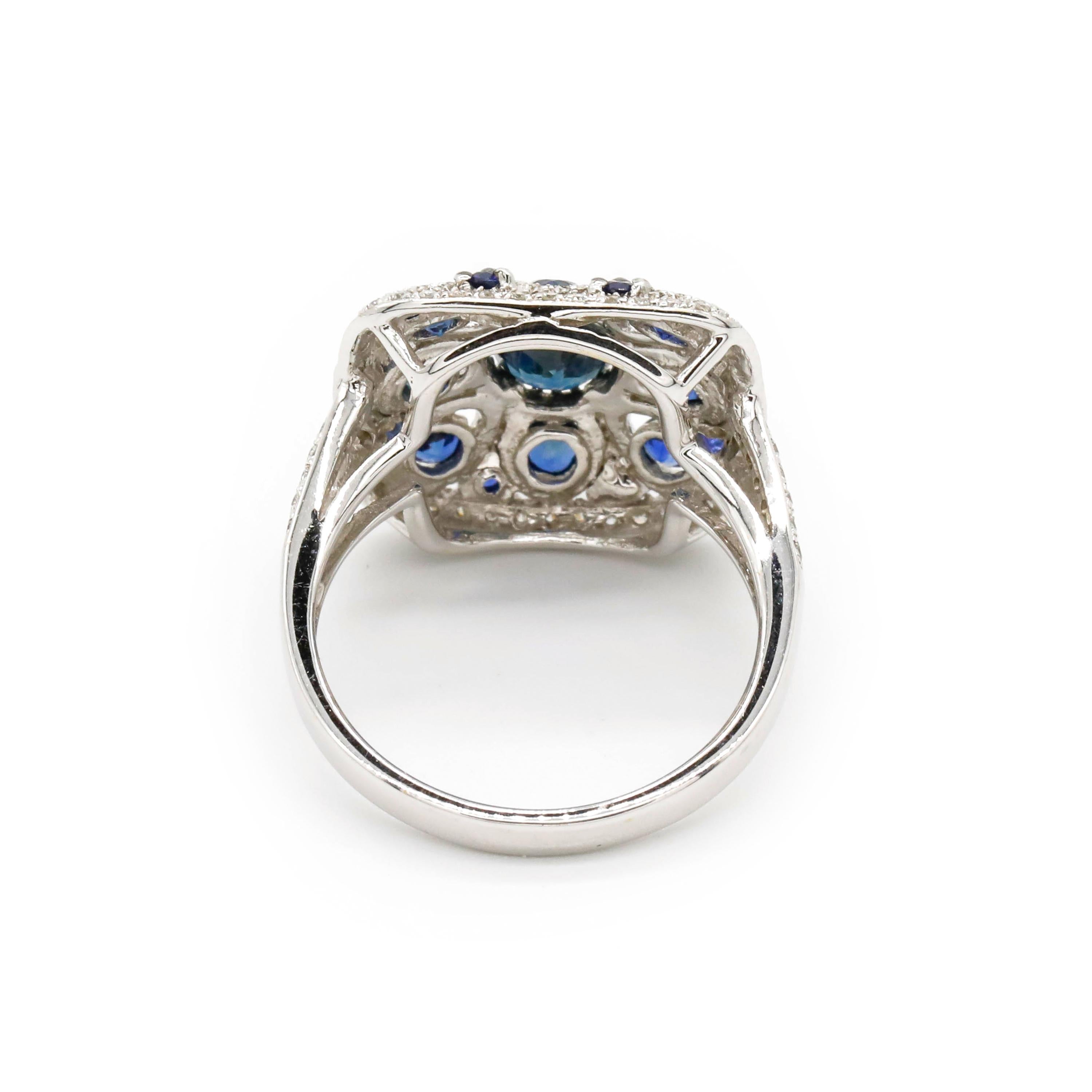 Romantic 1.87 Carat Oval Blue Sapphire 0.43 Ct Diamond 18K White Gold Fine Cocktail Ring For Sale