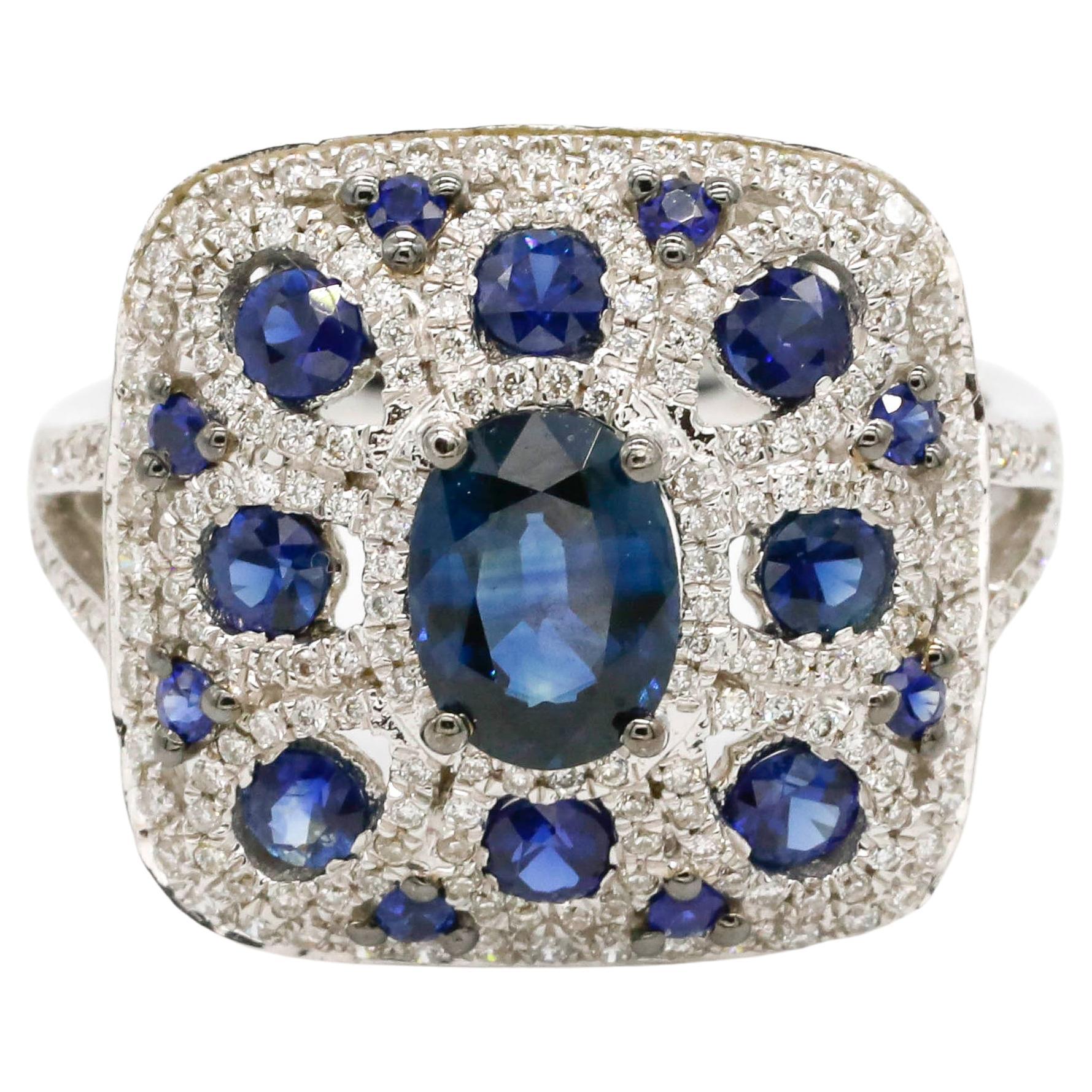 1.87 Carat Oval Blue Sapphire 0.43 Ct Diamond 18K White Gold Fine Cocktail Ring For Sale