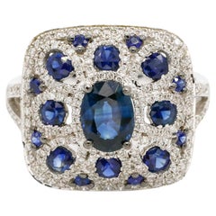 1.87 Carat Oval Blue Sapphire 0.43 Ct Diamond 18K White Gold Fine Cocktail Ring