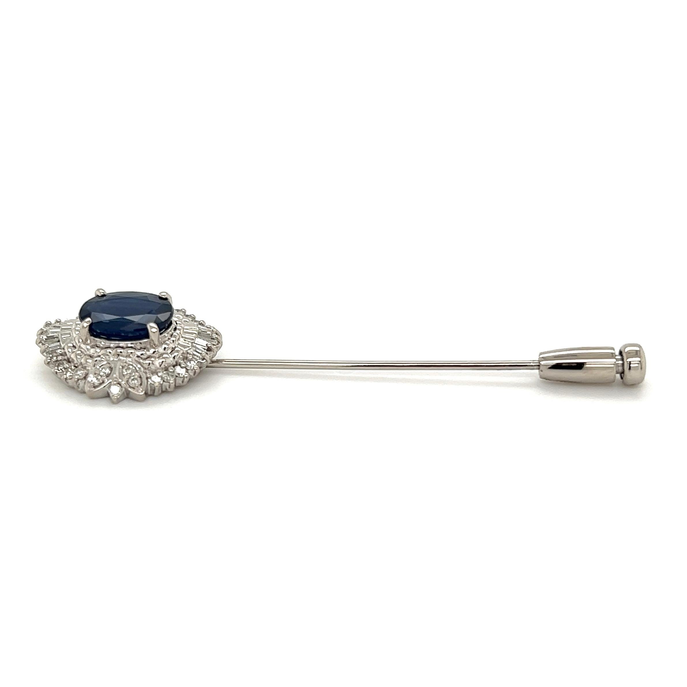 Mixed Cut 1.87 Carat Oval Blue Sapphire and Diamond Platinum Stick Pin Estate Fine Jewelry For Sale