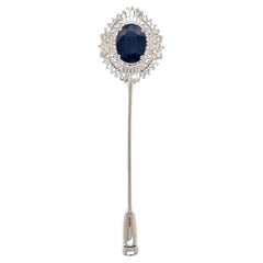1.87 Carat Oval Blue Sapphire and Diamond Platinum Stick Pin Estate Fine Jewelry
