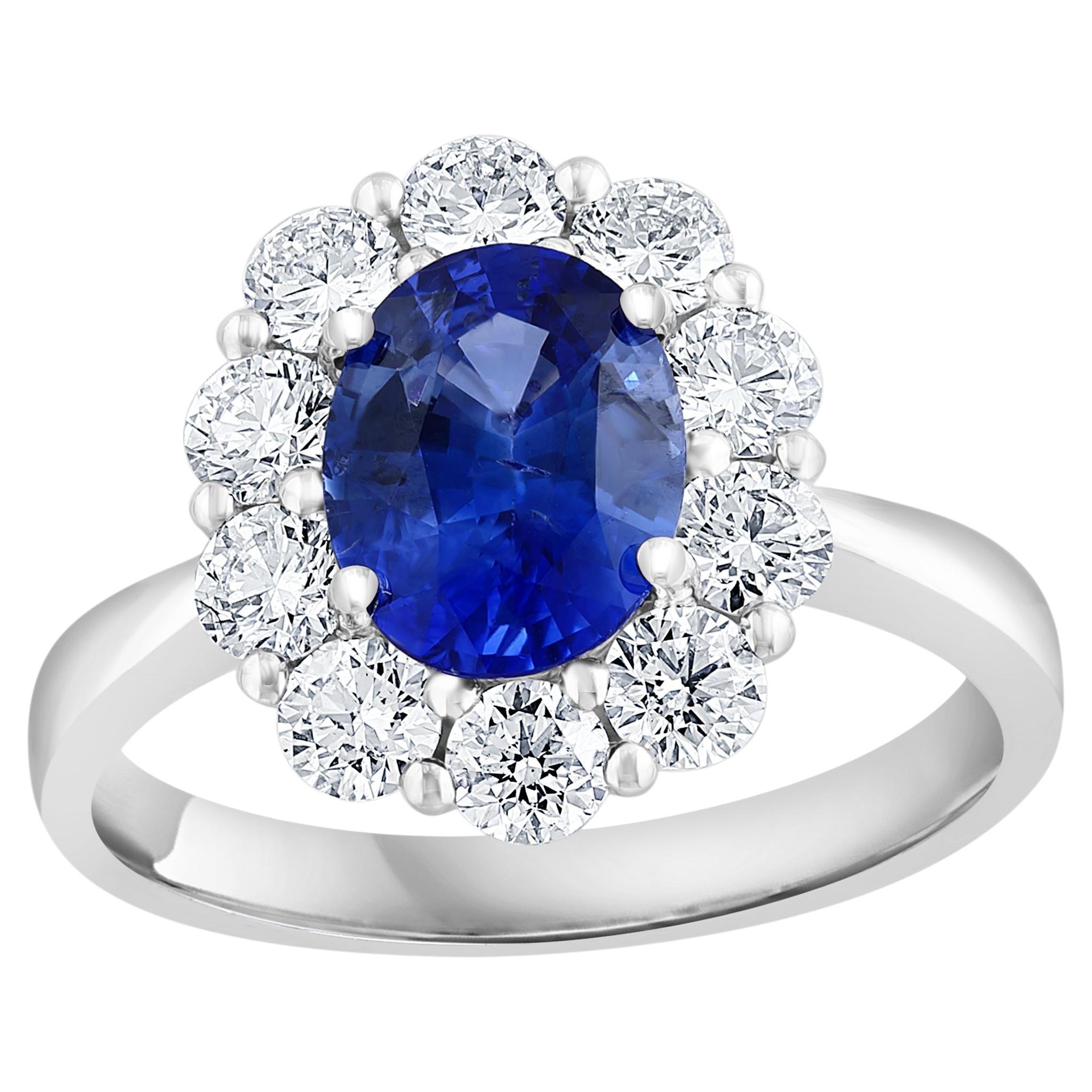 1.87 Carat Oval Cut Sapphire and Diamond Engagement Ring in 18K White Gold For Sale