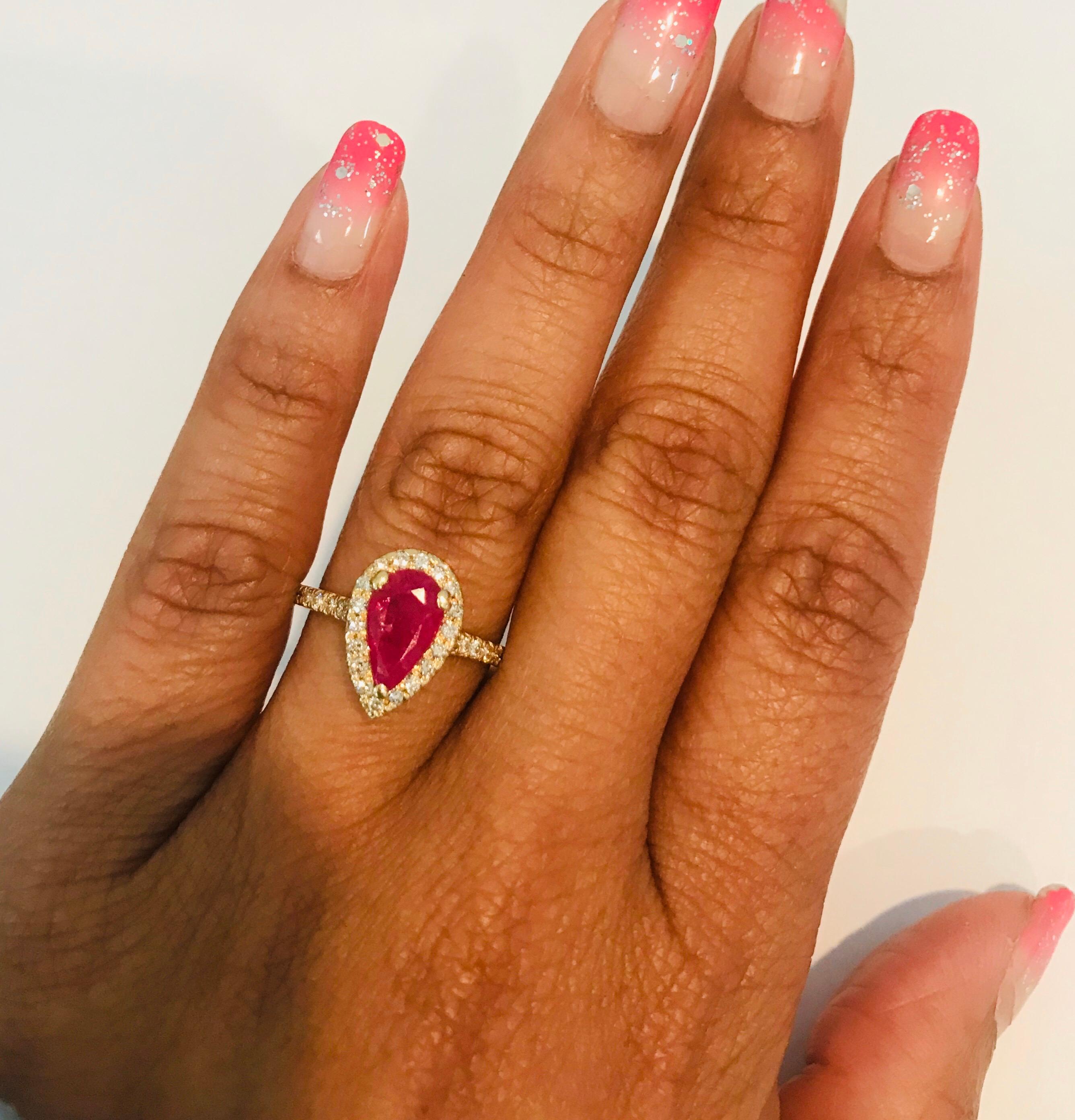 Pear Cut  Ruby Diamond 1.87 Carat 14 Karat Yellow Gold Engagement Ring