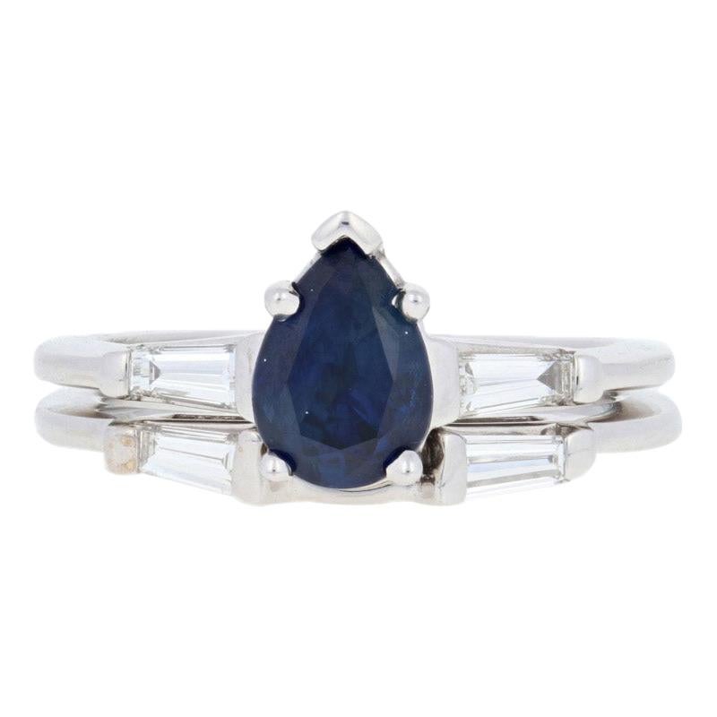 1.87 Carat Pear Cut Sapphire and Diamond Ring and Wedding Band 14 Karat Gold Set For Sale
