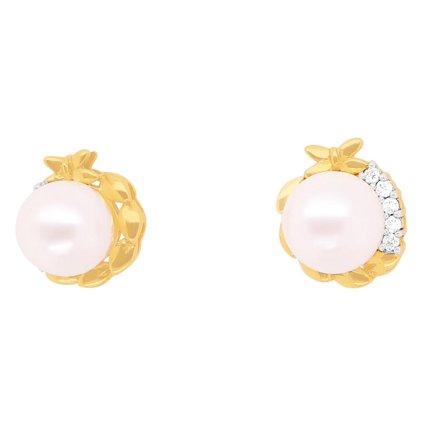 1.87 Carat Round Pearl and White Diamond Wreath Stud Earrings 18K Yellow Gold