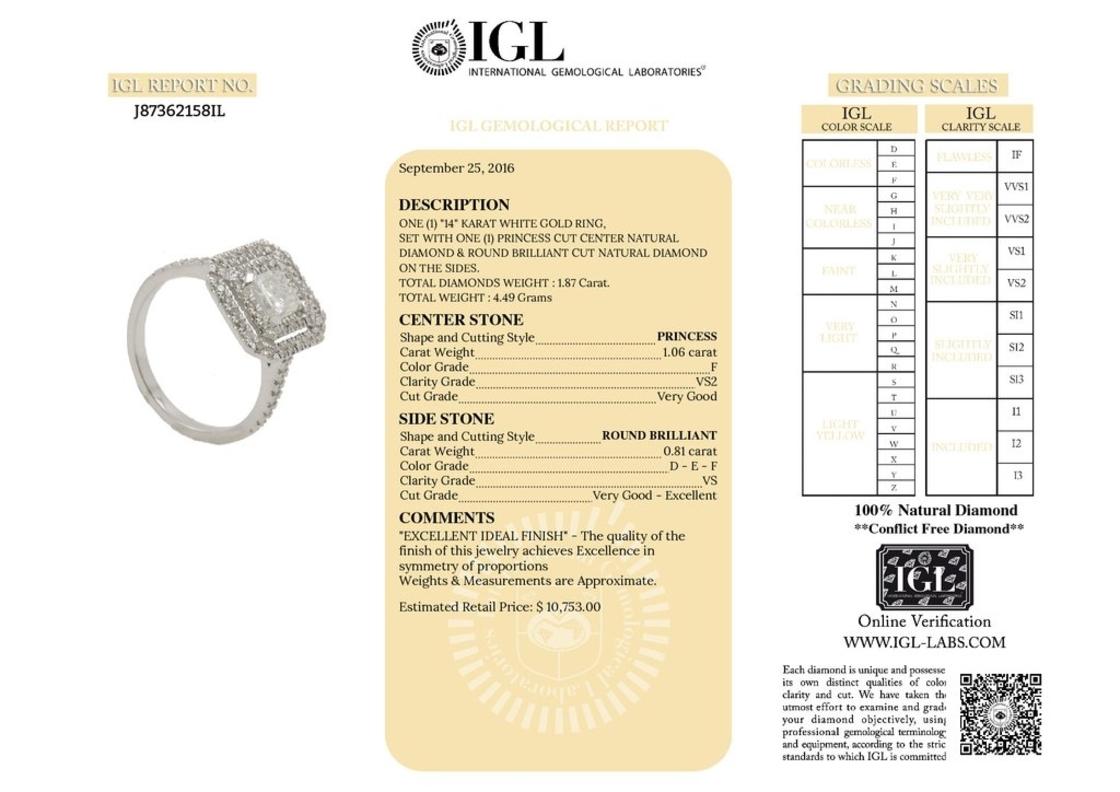 Women's 1.87 Carat Princess Cut Diamond Engagement Ring on 14 Karat White Gold For Sale