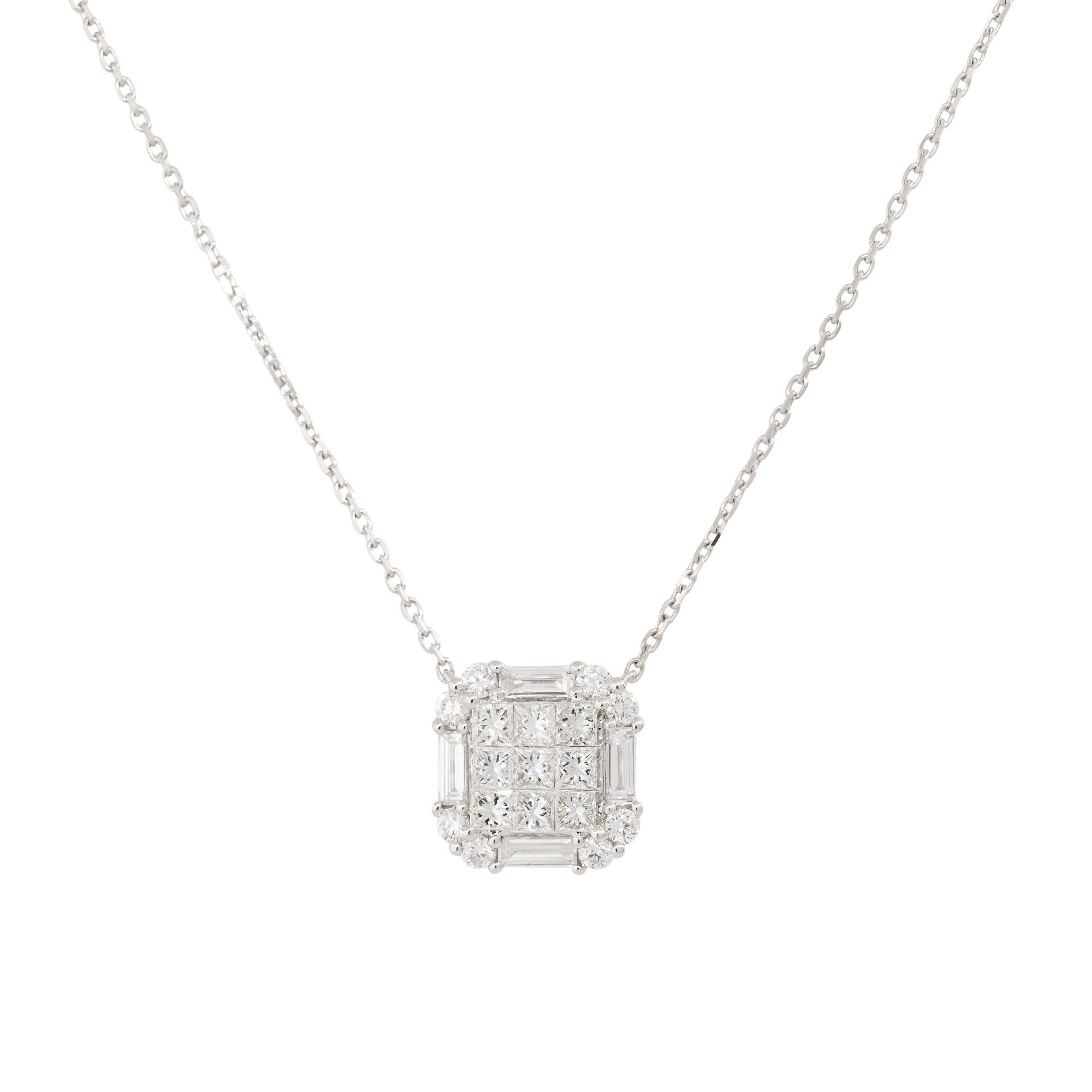 18k White Gold 1.87ctw Princess Cut Diamond Pendant Necklace
Material: 18k White Gold
Diamond Details: There are approximately 1.87 carats of invisible set diamonds. There are Princess cut diamonds in the center of the pendant surrounded by Baguette