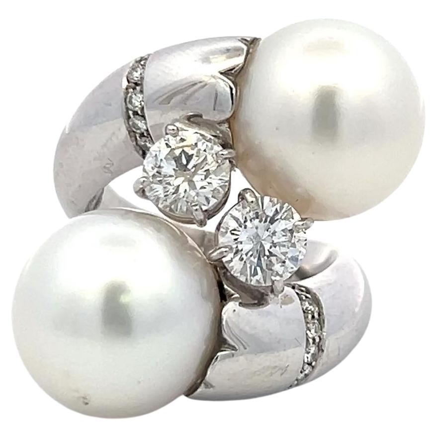 1.87 Carat Round Diamond 13.3-13.7MM Pearl 18 Karat White Gold Cocktail Ring