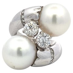 1.87 Carat Round Diamond 13.3-13.7MM Pearl 18 Karat White Gold Cocktail Ring