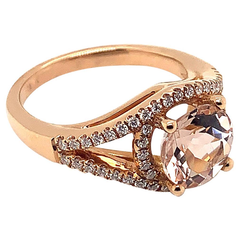 Bague en or rose 18 carats avec diamants et Morganite de forme ronde de 1,87 carat