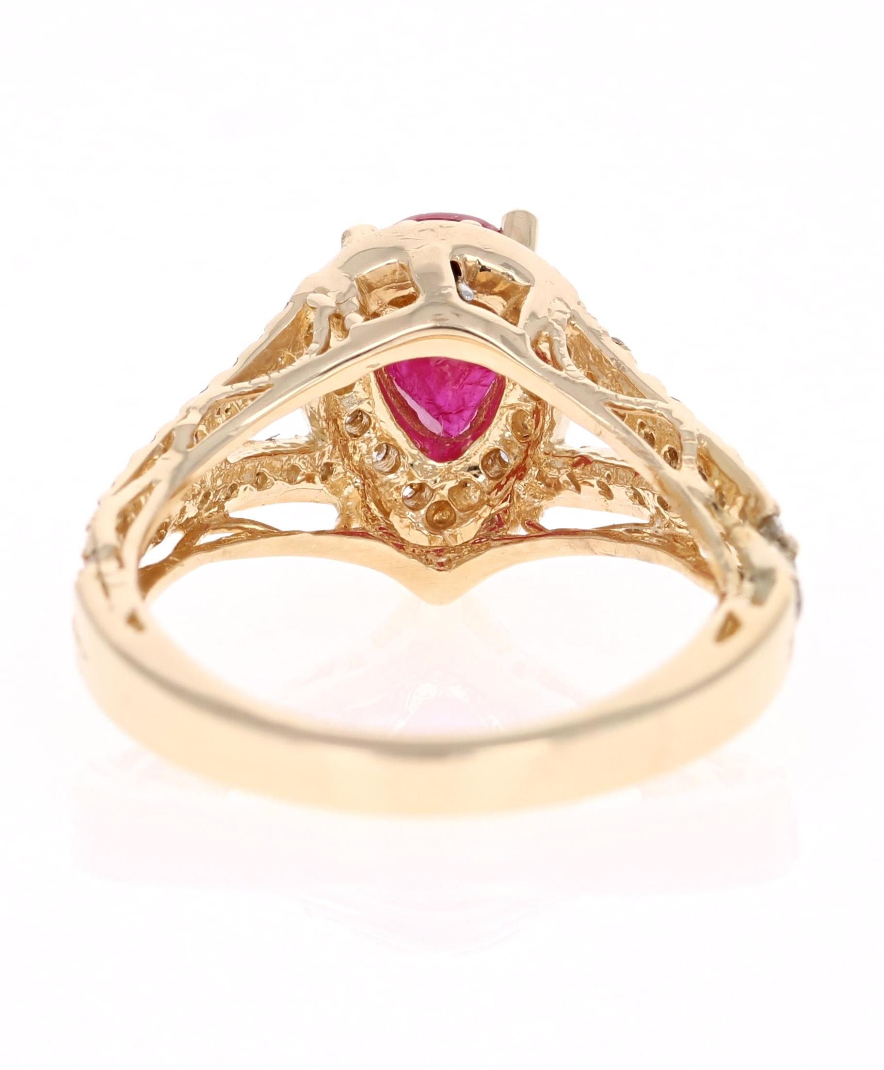 1.87 Karat Rubin-Diamant-Ring aus 14 Karat Gelbgold (Tropfenschliff)