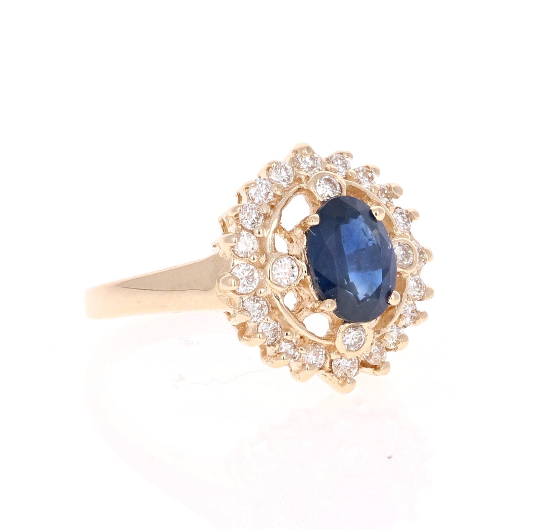 This unique ring is an art-deco inspired ring. It's beauty derives from the brilliant Blue Sapphire that weighs 1.37 Carats and is surrounded by 24 Round Cut Diamonds weighing 0.50 Carats. The clarity and color of the diamonds is VS-H. The total
