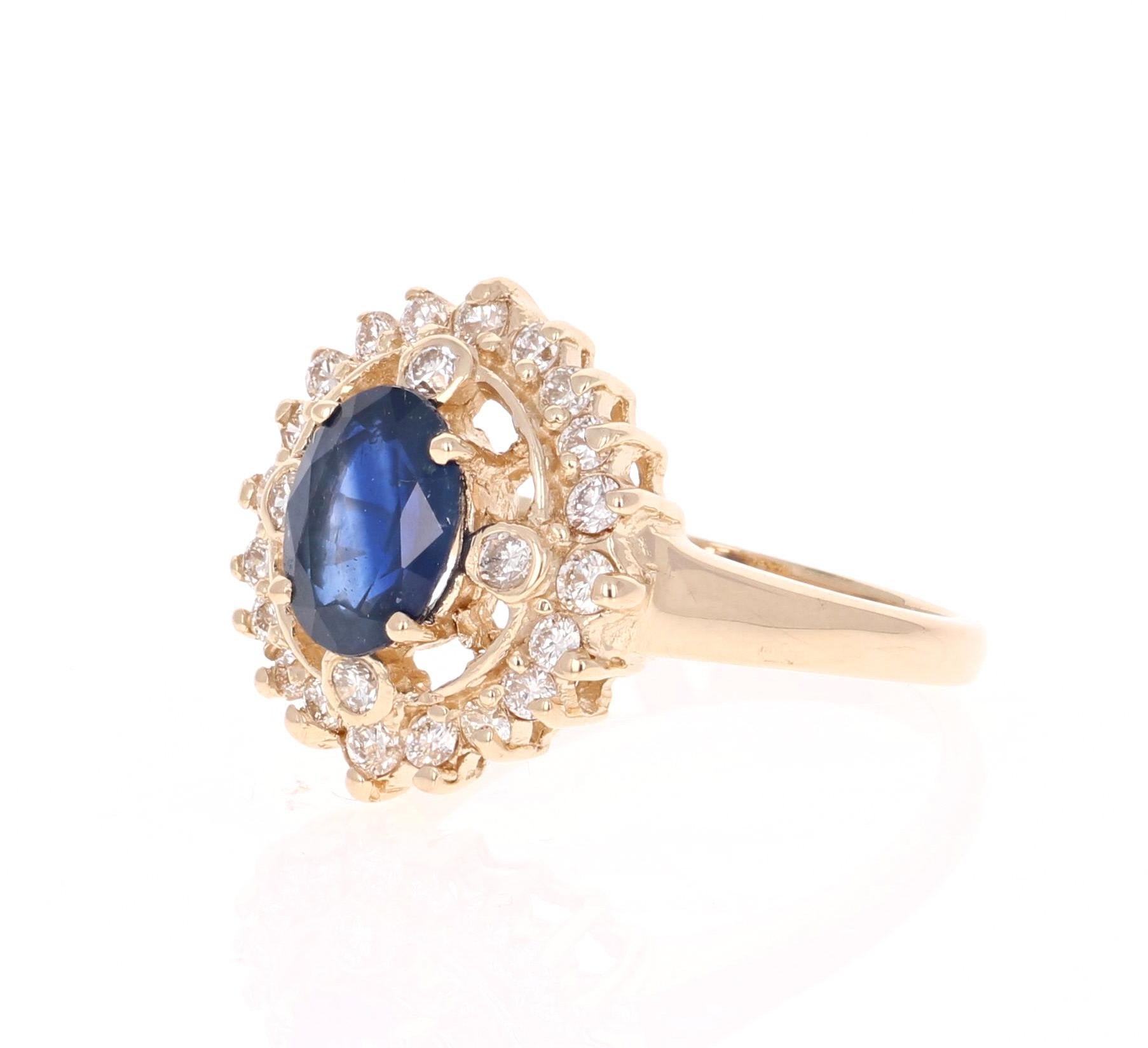 Oval Cut 1.87 Carat Sapphire Diamond Art Deco 14 Karat Yellow Gold Ring