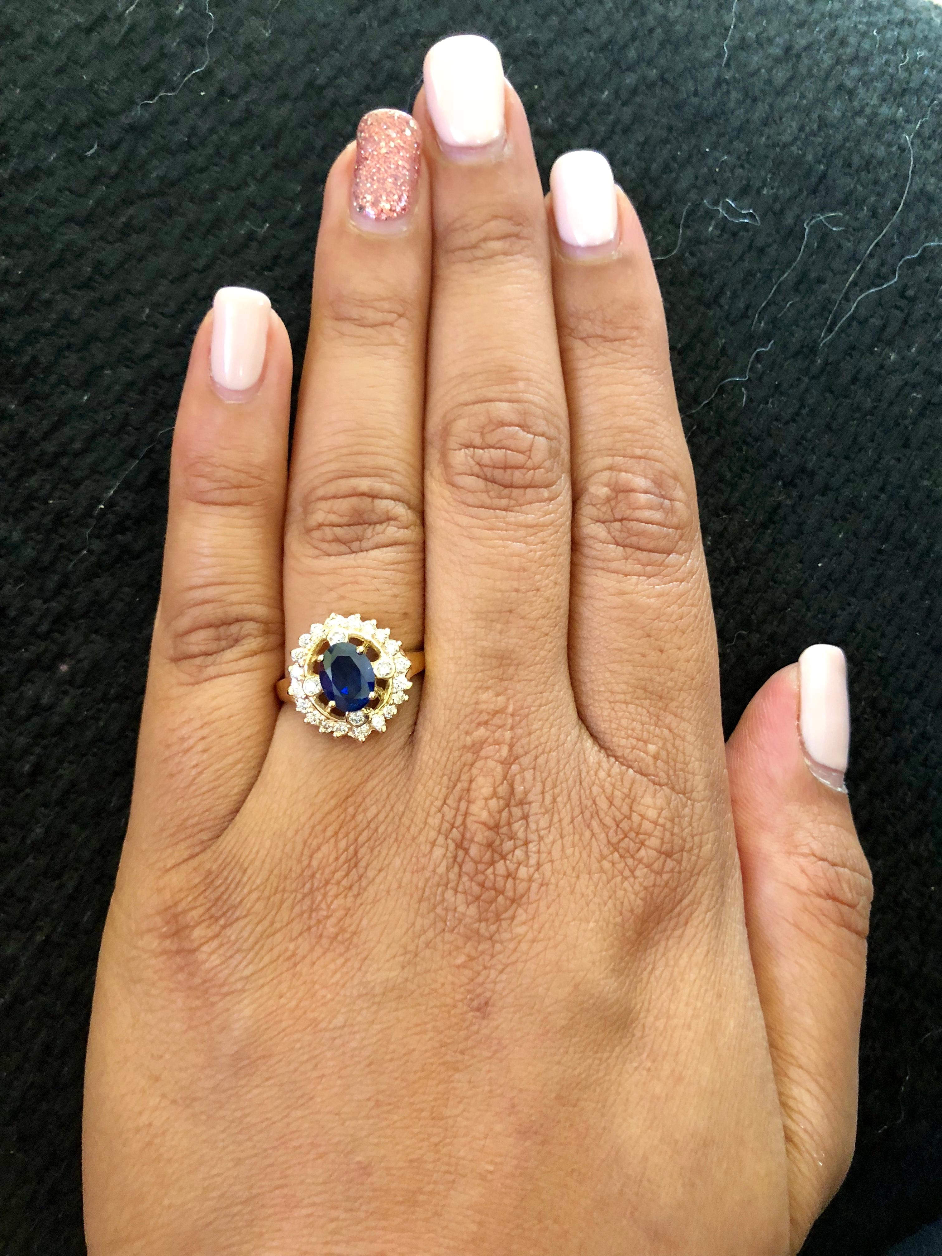 Women's 1.87 Carat Sapphire Diamond Art Deco 14 Karat Yellow Gold Ring