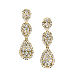 1.87 Carat Total Diamond Yellow Gold Pear Shaped Waterfall Dangle Post Earrings