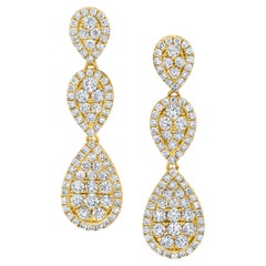 1.87 Carat Total Diamond Yellow Gold Pear Shaped Waterfall Dangle Post Earrings