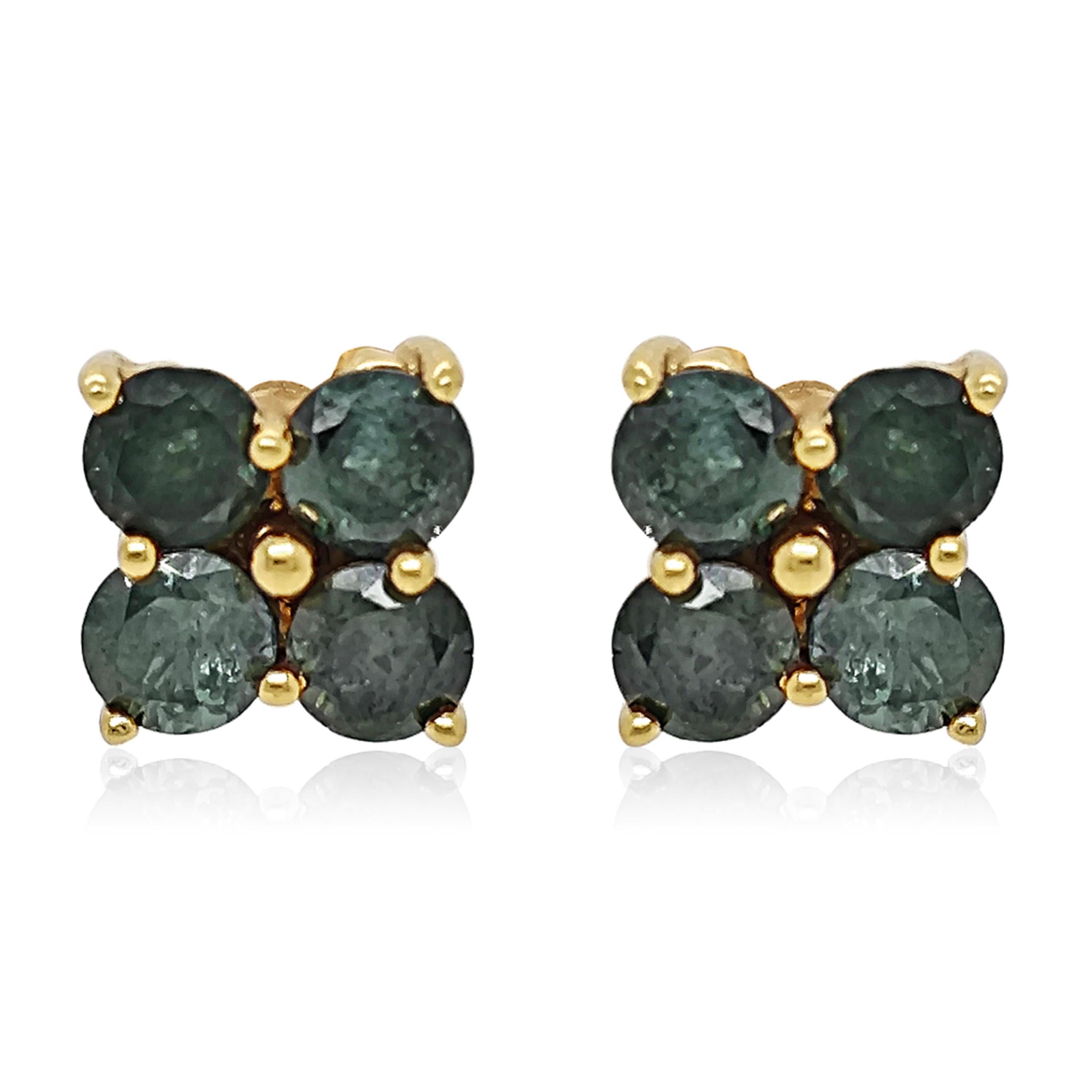 Round Cut 1.87 Carat Treated Blue Diamond Yellow Gold Earrings For Sale