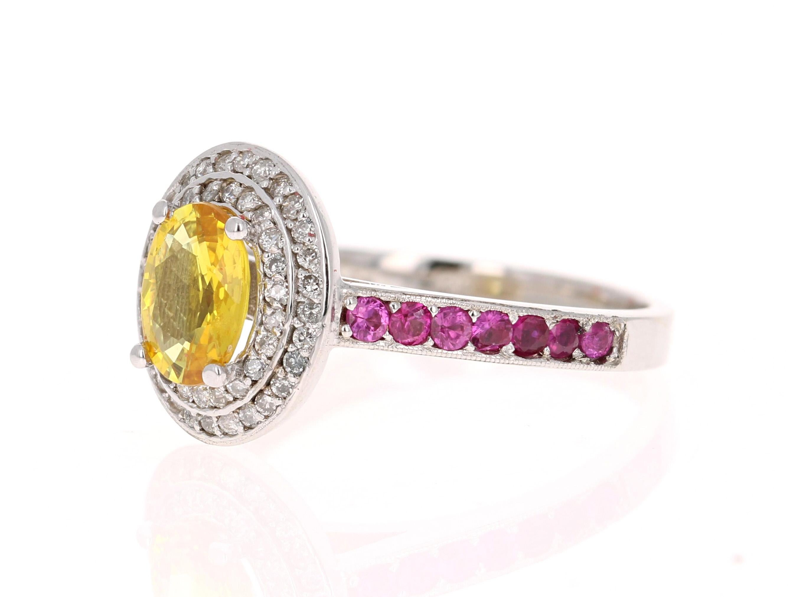 Contemporary 1.87 Carat Yellow Pink Sapphire Diamond 14 Karat White Gold Ring For Sale